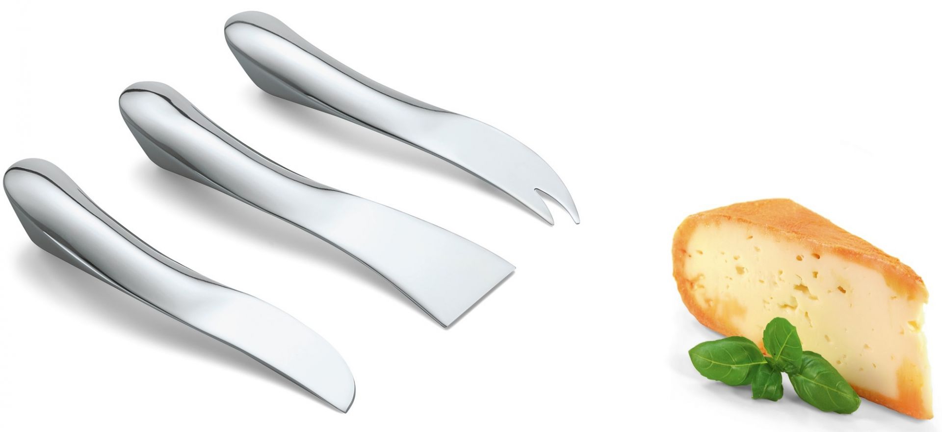 Wave Käsemesser Set von Philippi, drei Edelstahlmesser mit Käse und Basilikum auf weißem Hintergrund.