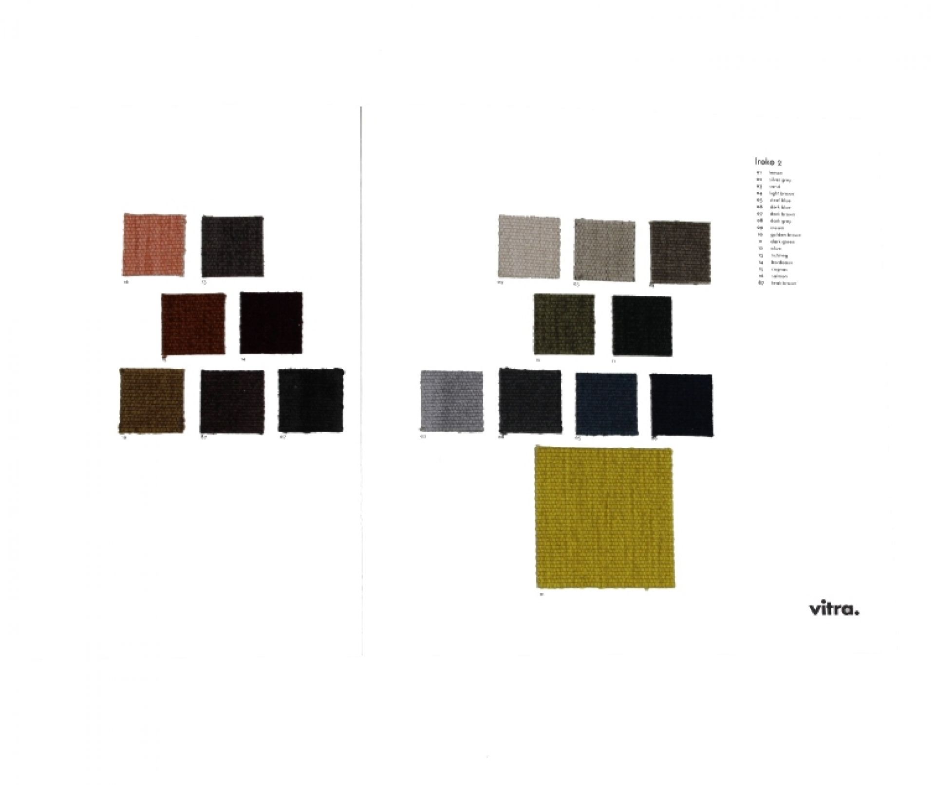 Stoffmusterkarte Iroko 2 von Vitra: Verschiedene Stoffproben in Braun-, Grau- und Grüntönen für Möbel.
