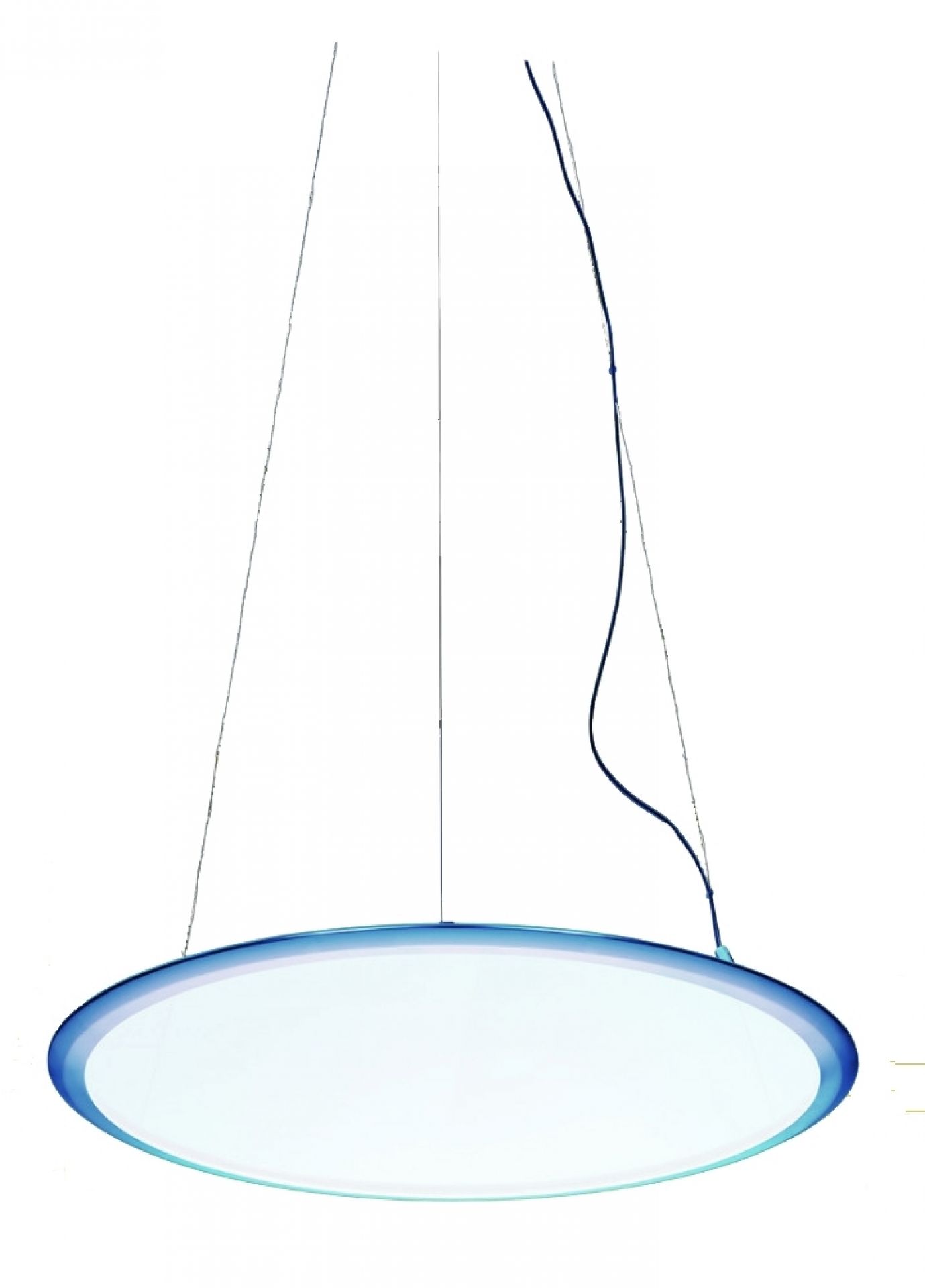 Discovery Pendelleuchte von Artemide: Runde Hängelampe aus Aluminium mit blauen Akzenten. Moderne Deckenleuchte.