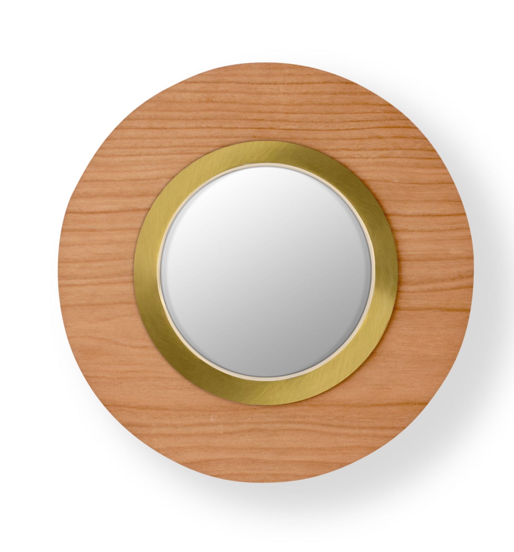 Lens LED Wandleuchte von LZF Lamps: Runde Wandlampe mit Kirschholz und goldenem Metallring.