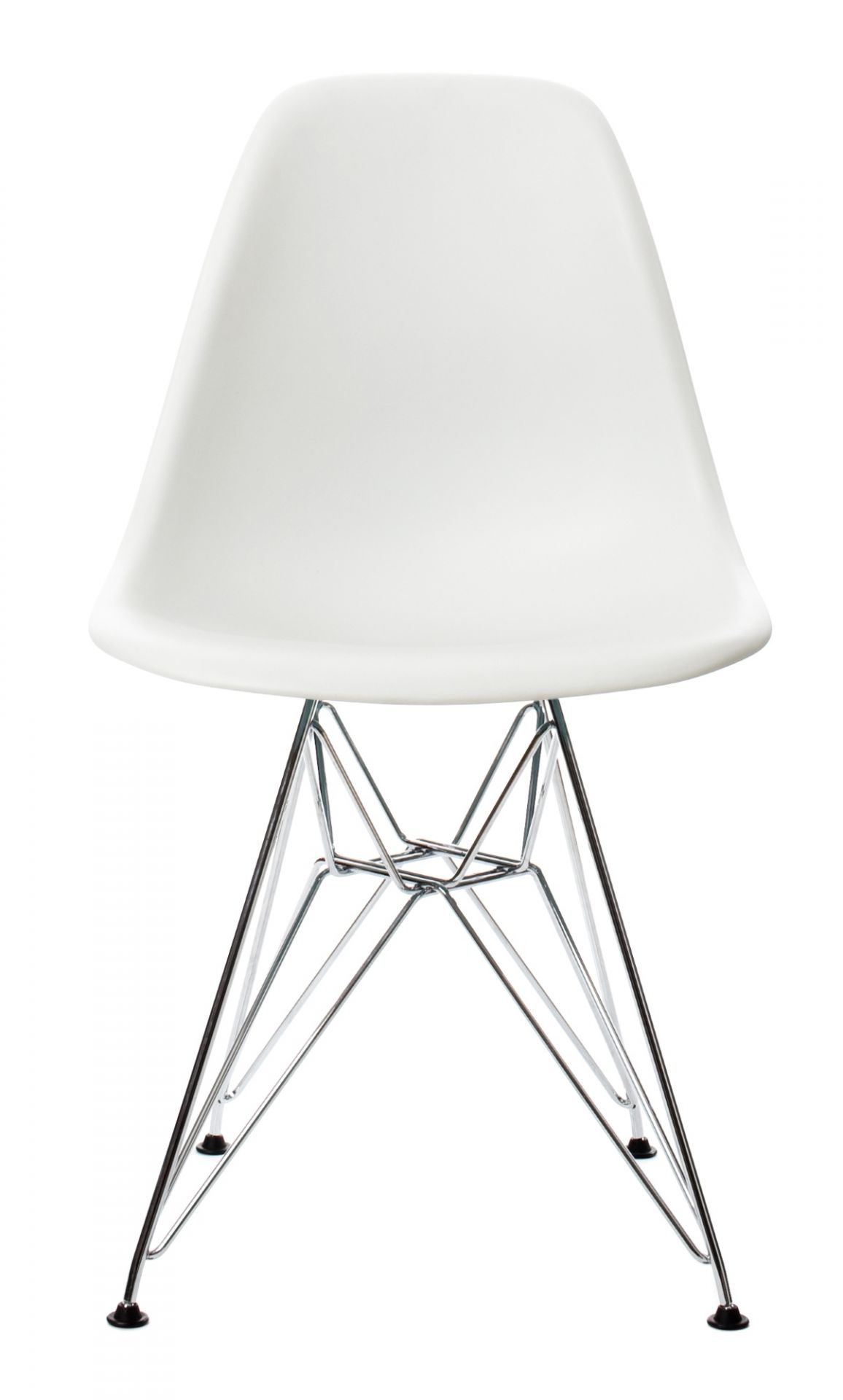 Weißer Eames Plastic Side Chair DSR Stuhl mit Chromgestell von Vitra, Ansicht von vorne.