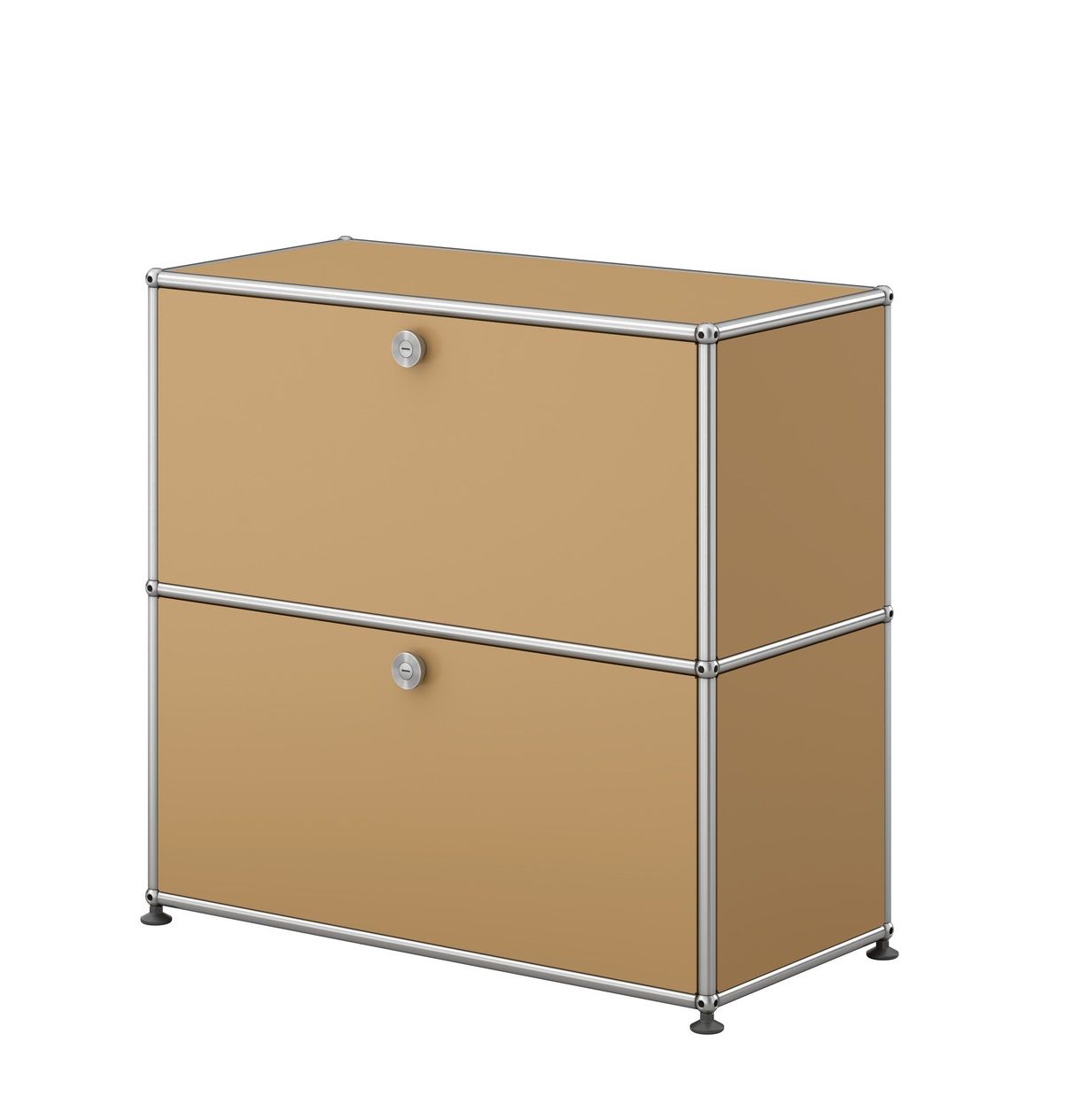 Beiges USM Haller Sideboard mit zwei Schubladen und verchromtem Gestell, modernes Designmöbel.