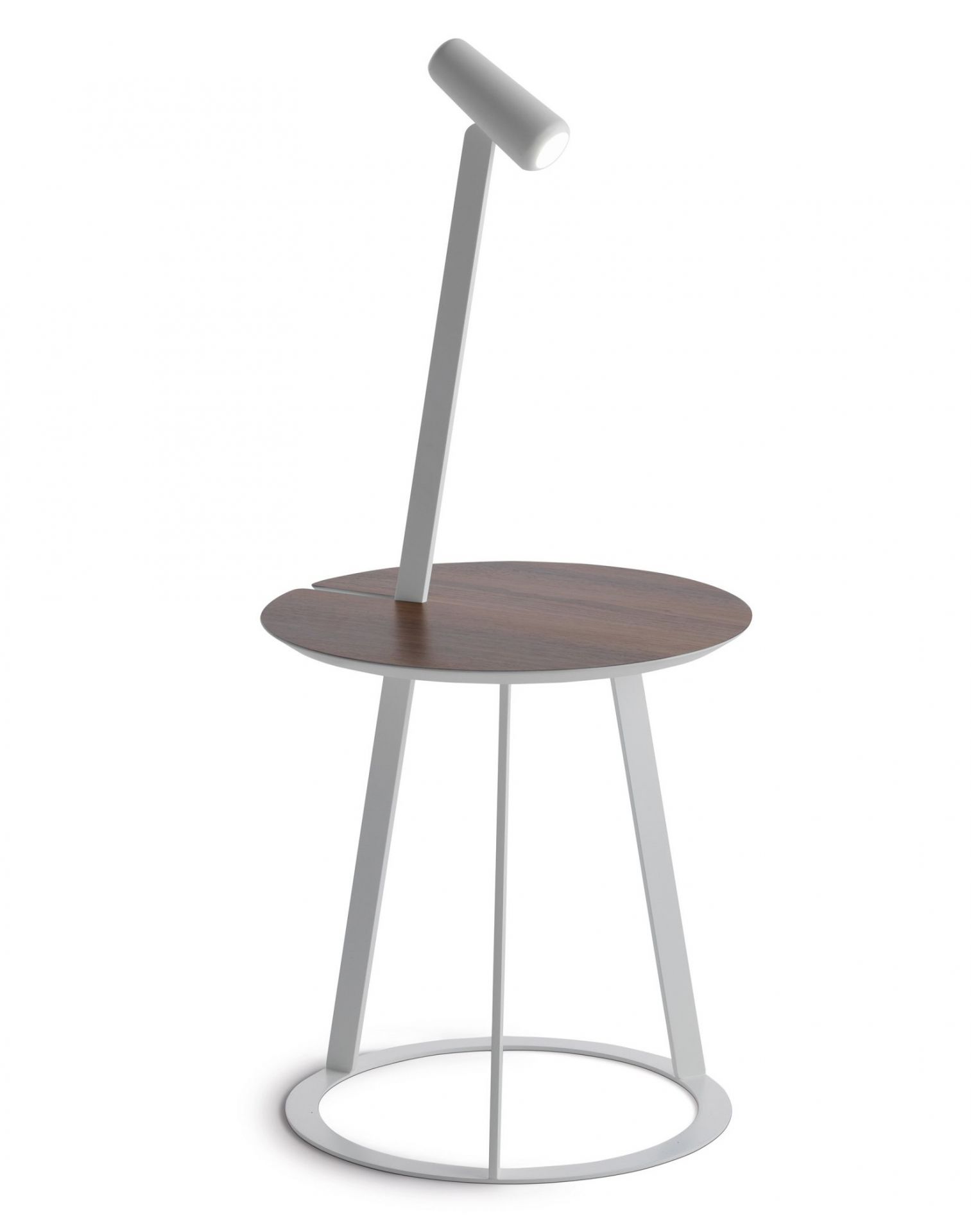 Albino Torcia Beistelltisch mit Walnussplatte und integrierter, weißer Lampe. Moderner Nachttisch für Schlafzimmer.