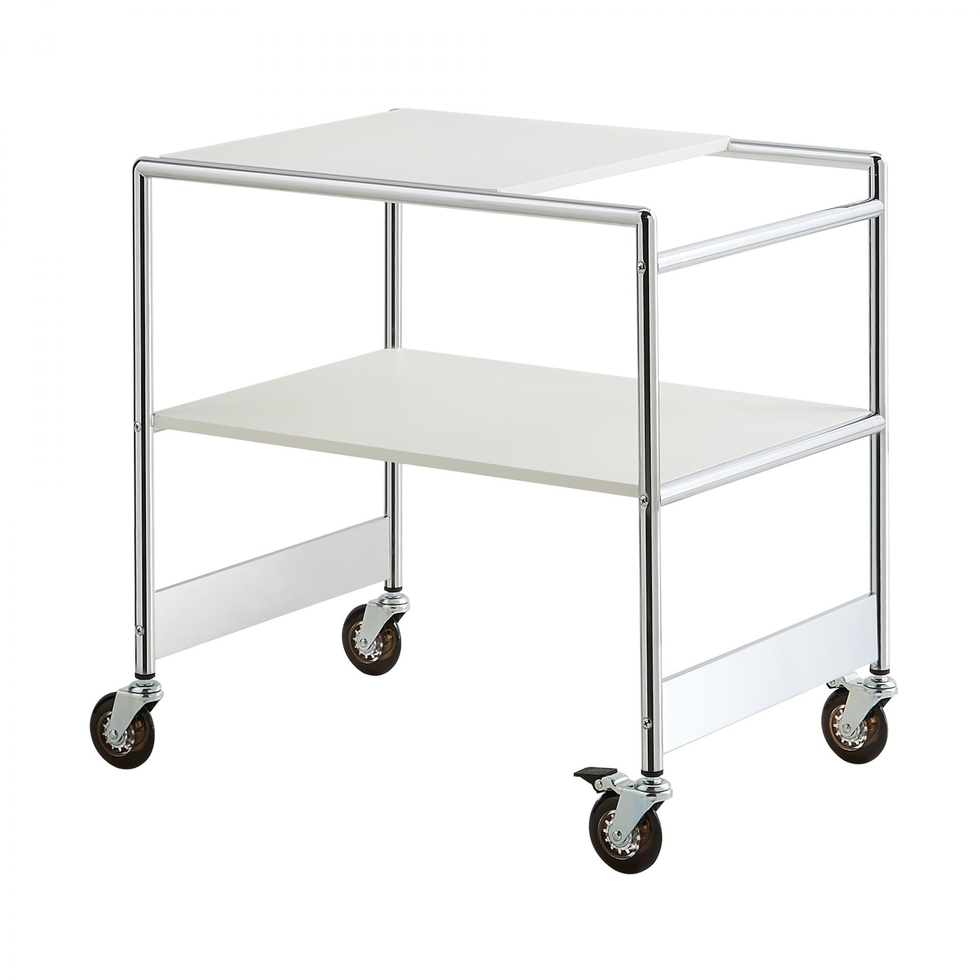 Servierwagen SIR mit zwei weißen Ablageflächen und Chromgestell auf Rollen.