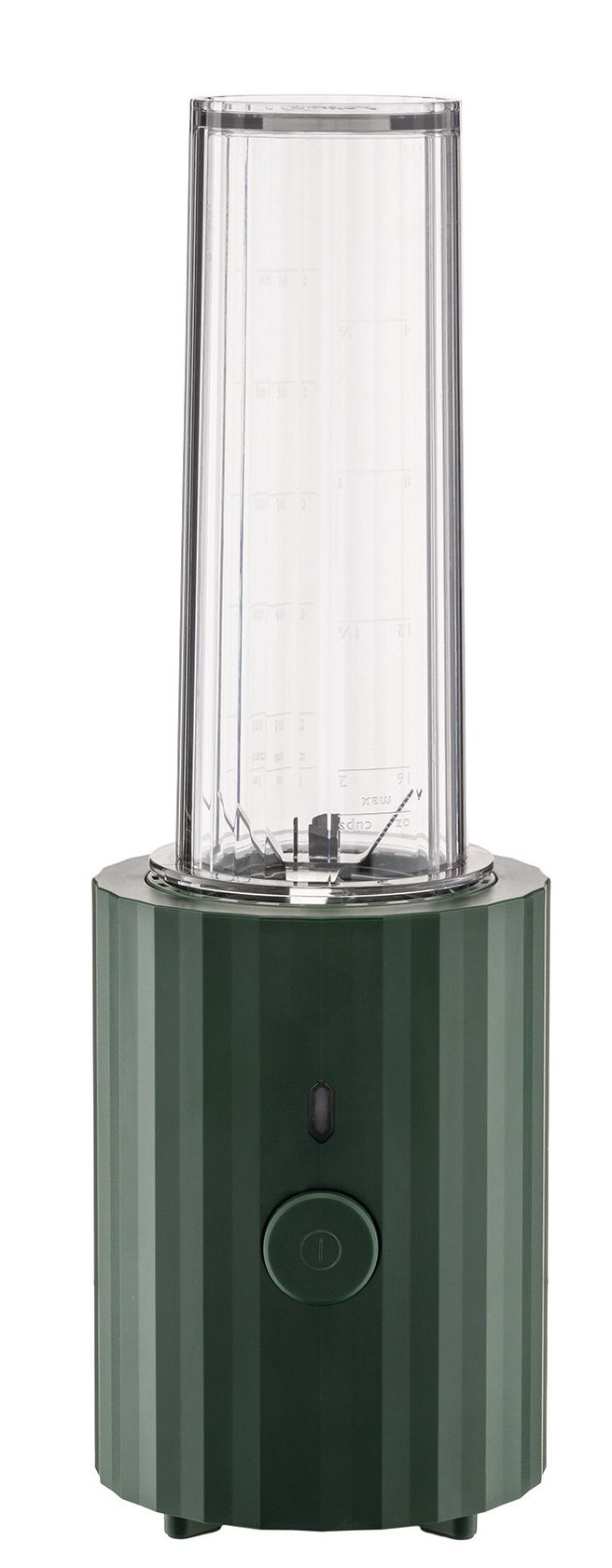 Grüner Alessi Smoothie Maker mit Plissee-Design und transparentem Behälter für gesunde Smoothies.