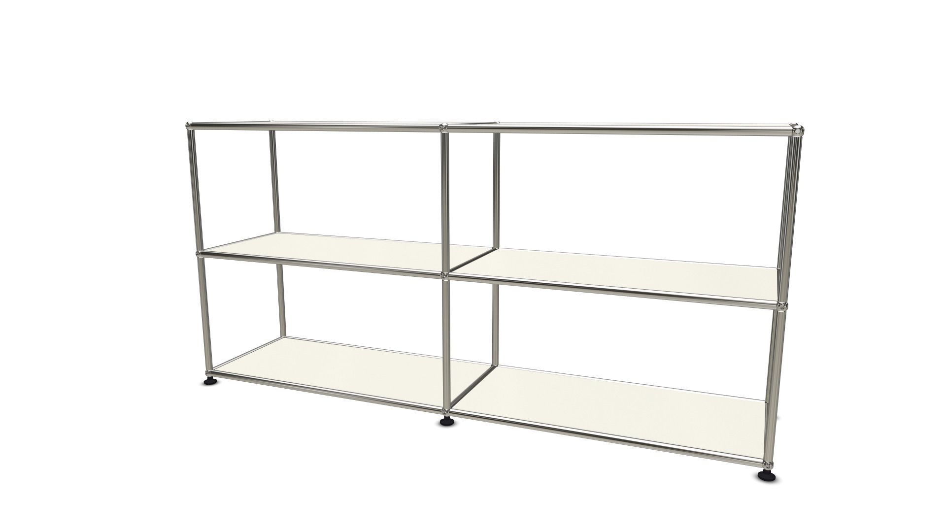 USM Haller Sideboard mit zwei offenen Fächern und verchromtem Gestell auf weißem Hintergrund.