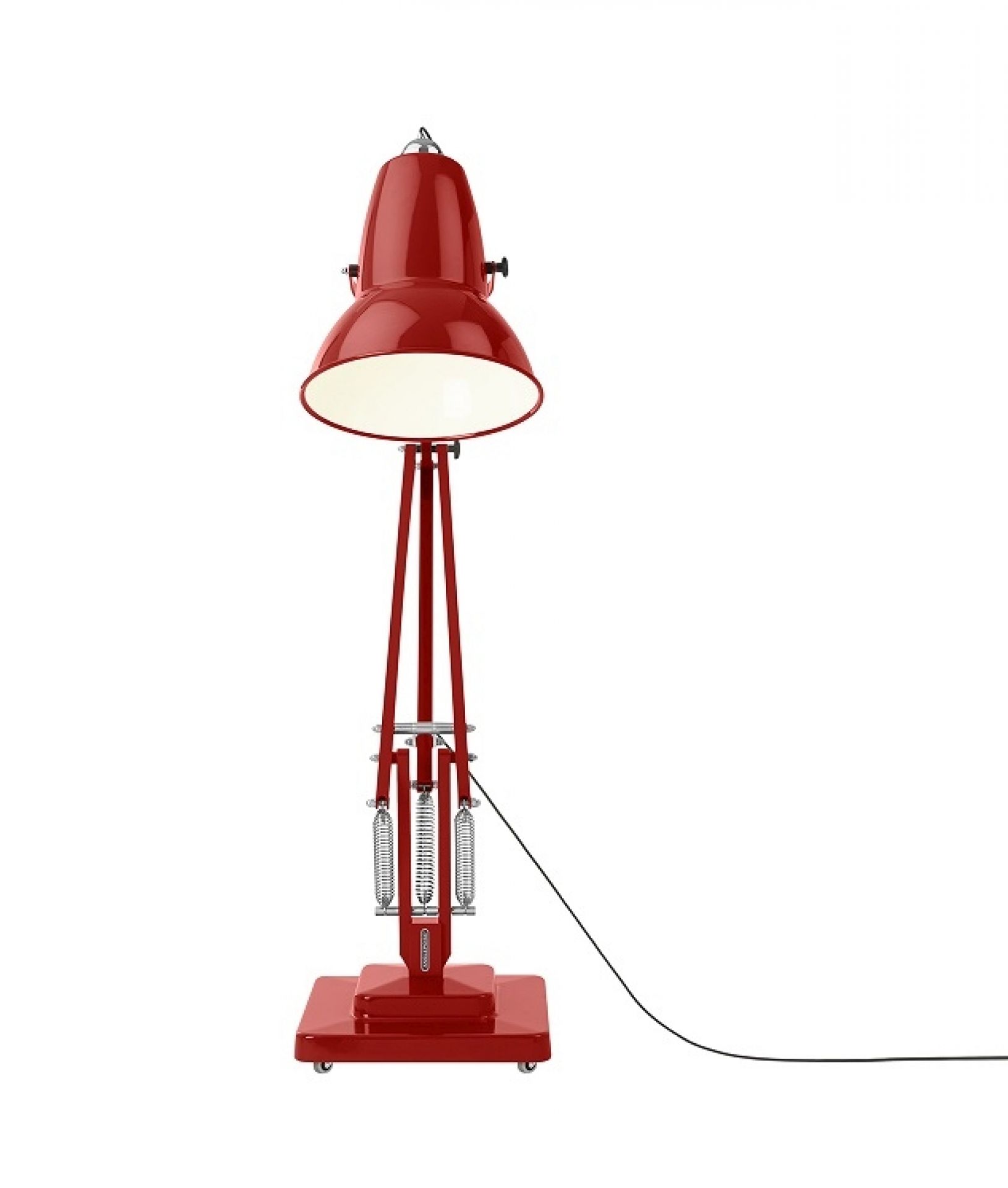 Rote Anglepoise Original 1227 Giant Stehleuchte für Innenräume mit verstellbarem Arm und Schirm.