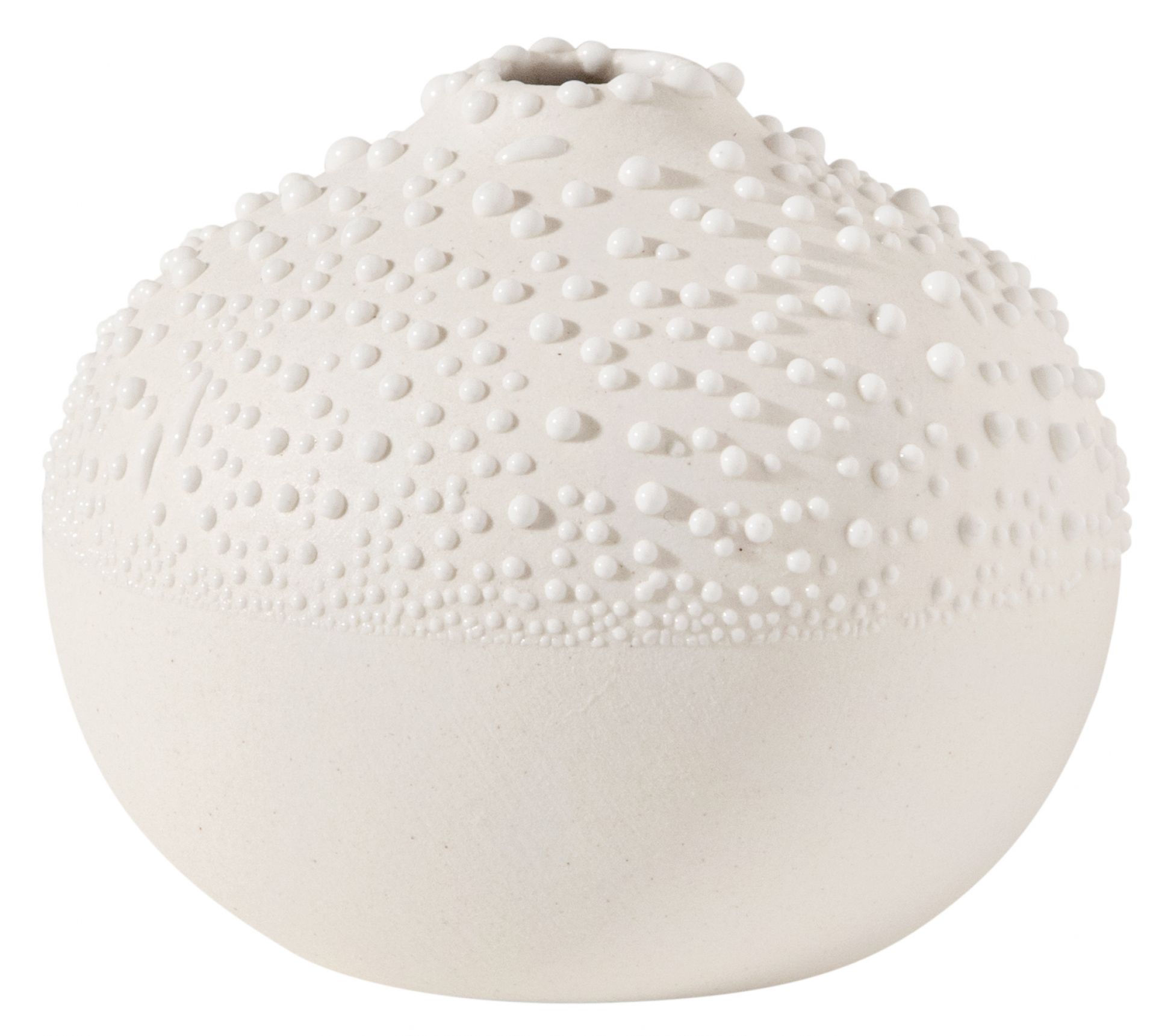 Nahaufnahme der Zuhause Perlenvase von Räder, elfenbeinfarben, mit erhabenen Perlen, ideal als Dekoration und Blumenvase.