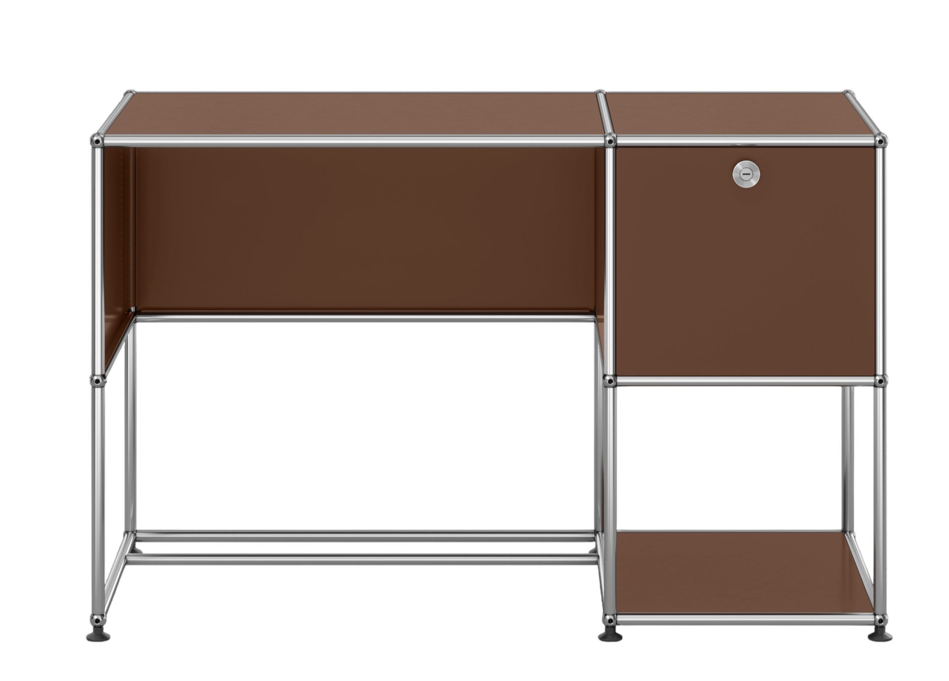 USM Haller Schreibtisch in Braun mit einem Schubladenelement und verchromtem Gestell, modernes Design.