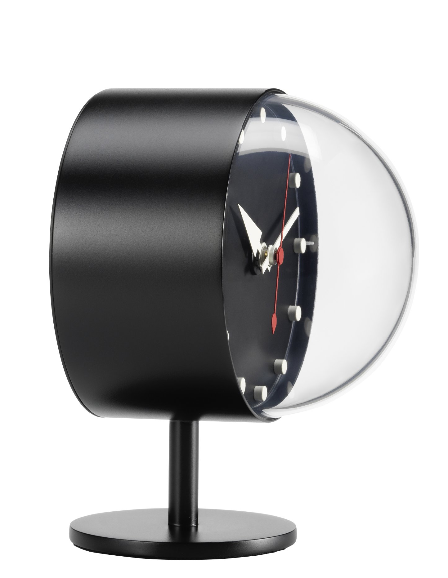 Schwarze "Night Clock" Tischuhr von Vitra mit transparentem Gehäuse, moderne Tischuhr für Nachttisch und Schreibtisch.