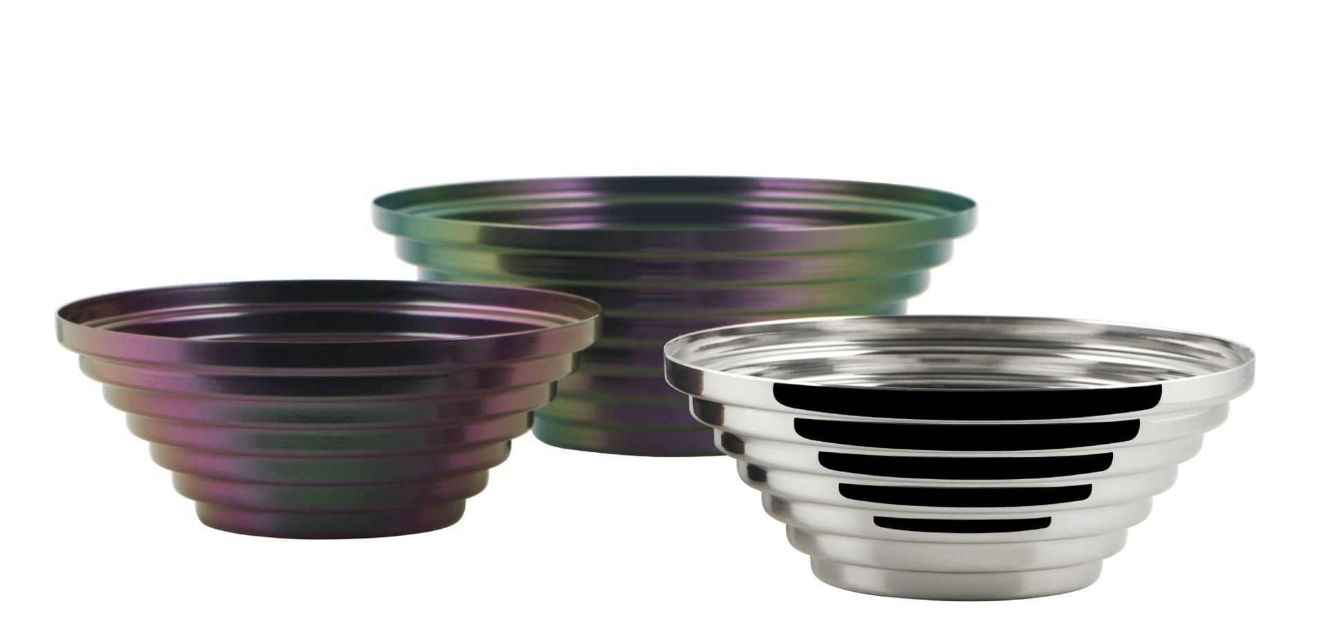 Alessi Maya Schale, rund, in Purplegreen und Silber, dekorative Obstschale für den Esstisch.