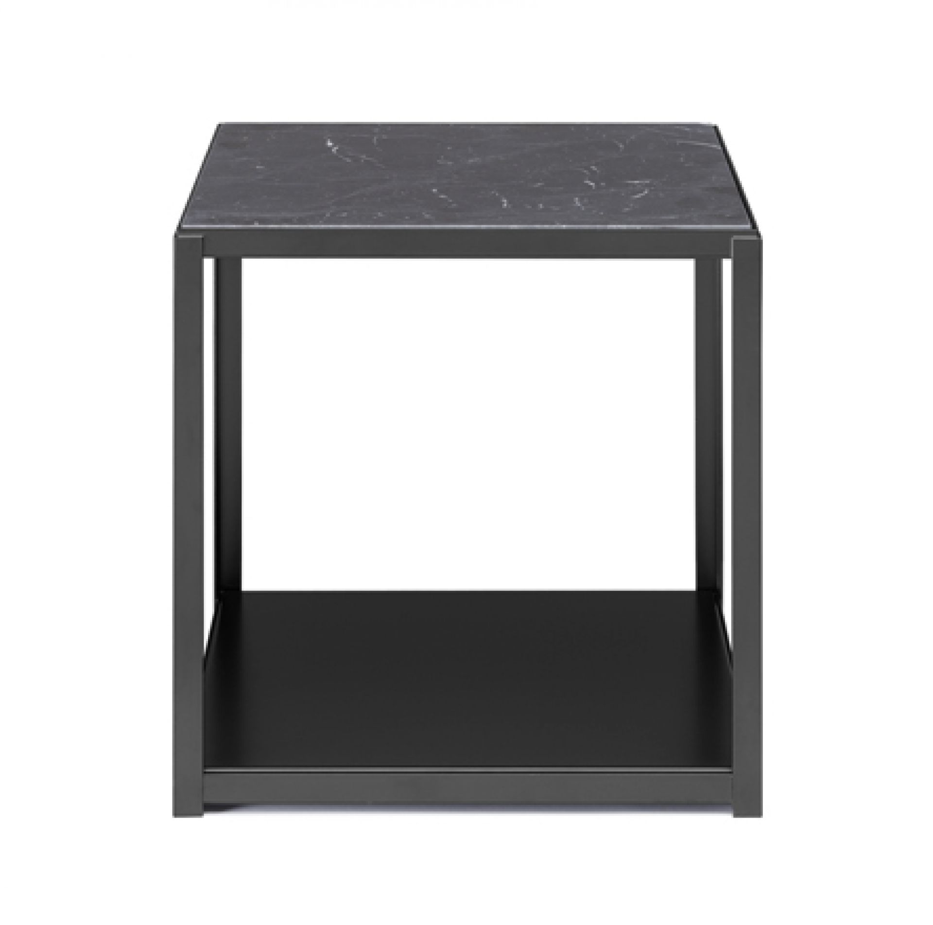 FK12 Fortyforty Beistelltisch von e15 mit schwarzem Gestell und Marmorplatte, Frontansicht.