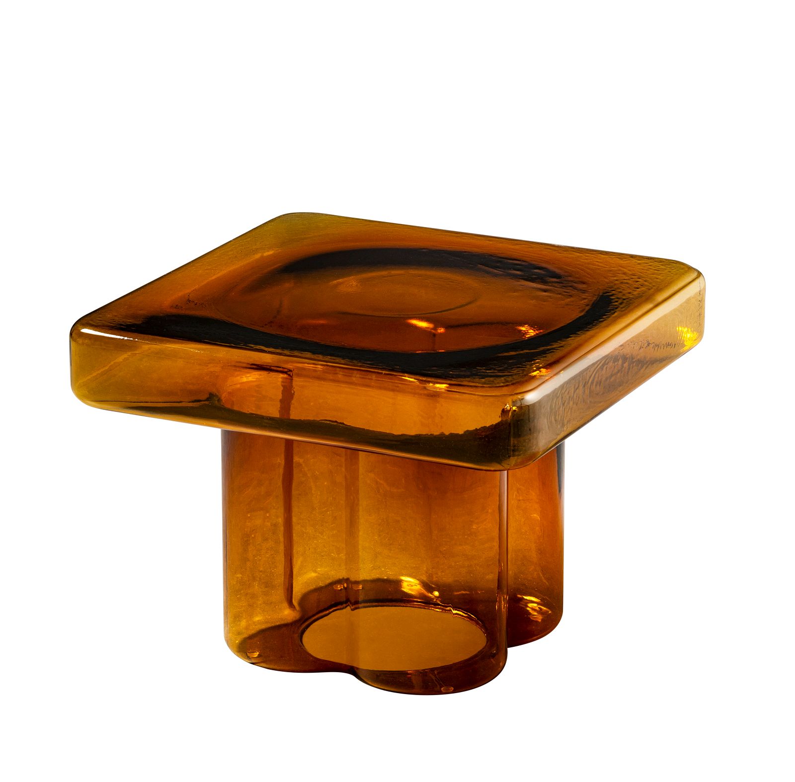 Bernsteinfarbener Miniforms Soda Square Couchtisch aus Glas, modernes Design für Wohnzimmer.