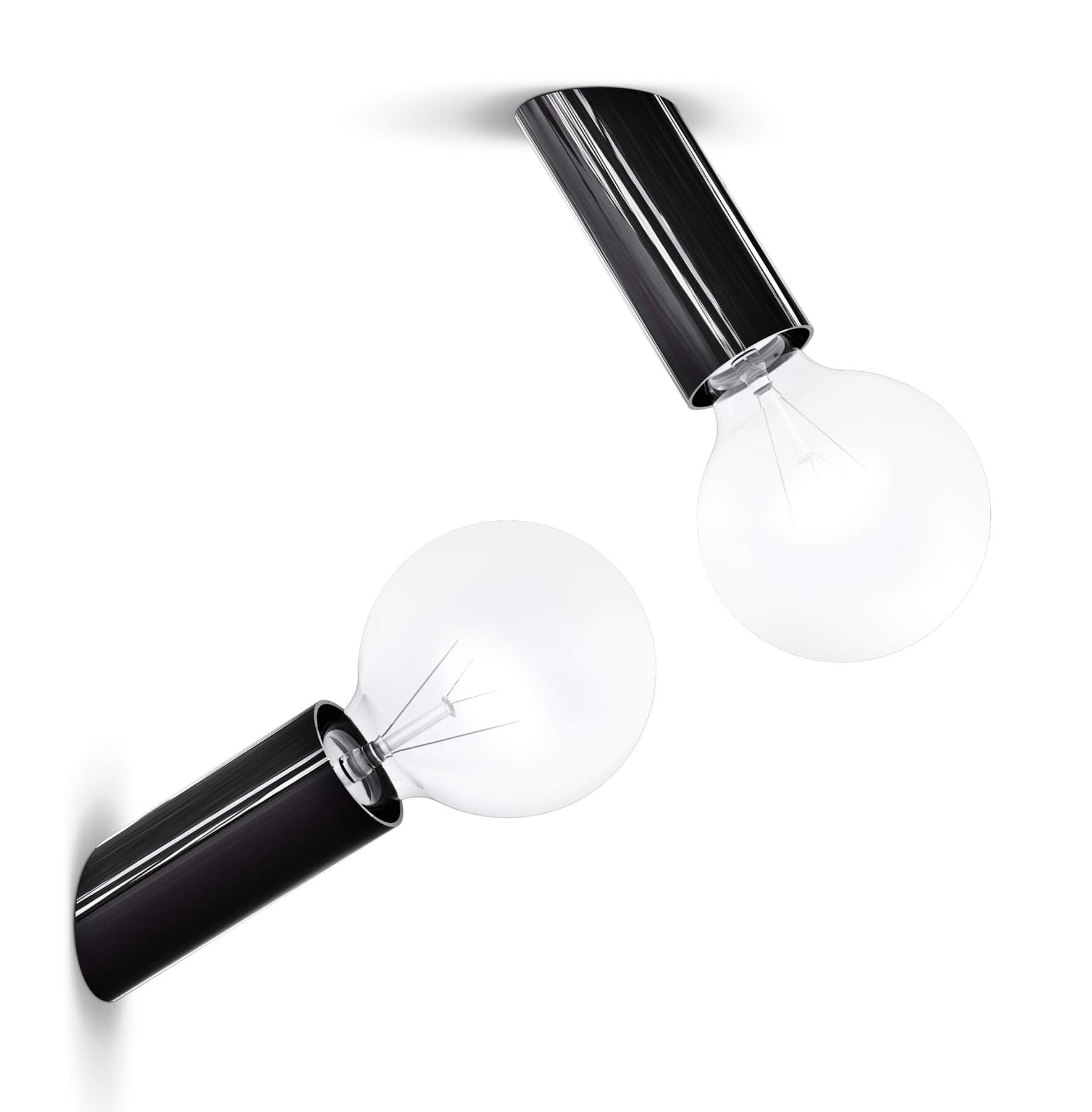 Zwei DNA Wandleuchten in Schwarz mit Glühbirnen, eine an Wand, eine an Decke.