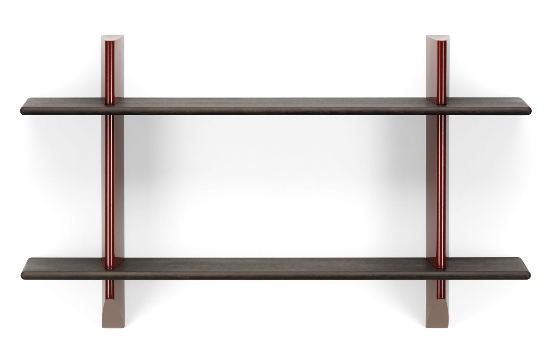 Vitra Rayonnage Mural Wandregal aus dunkler Eiche mit roten Akzenten, modernes Regalsystem.