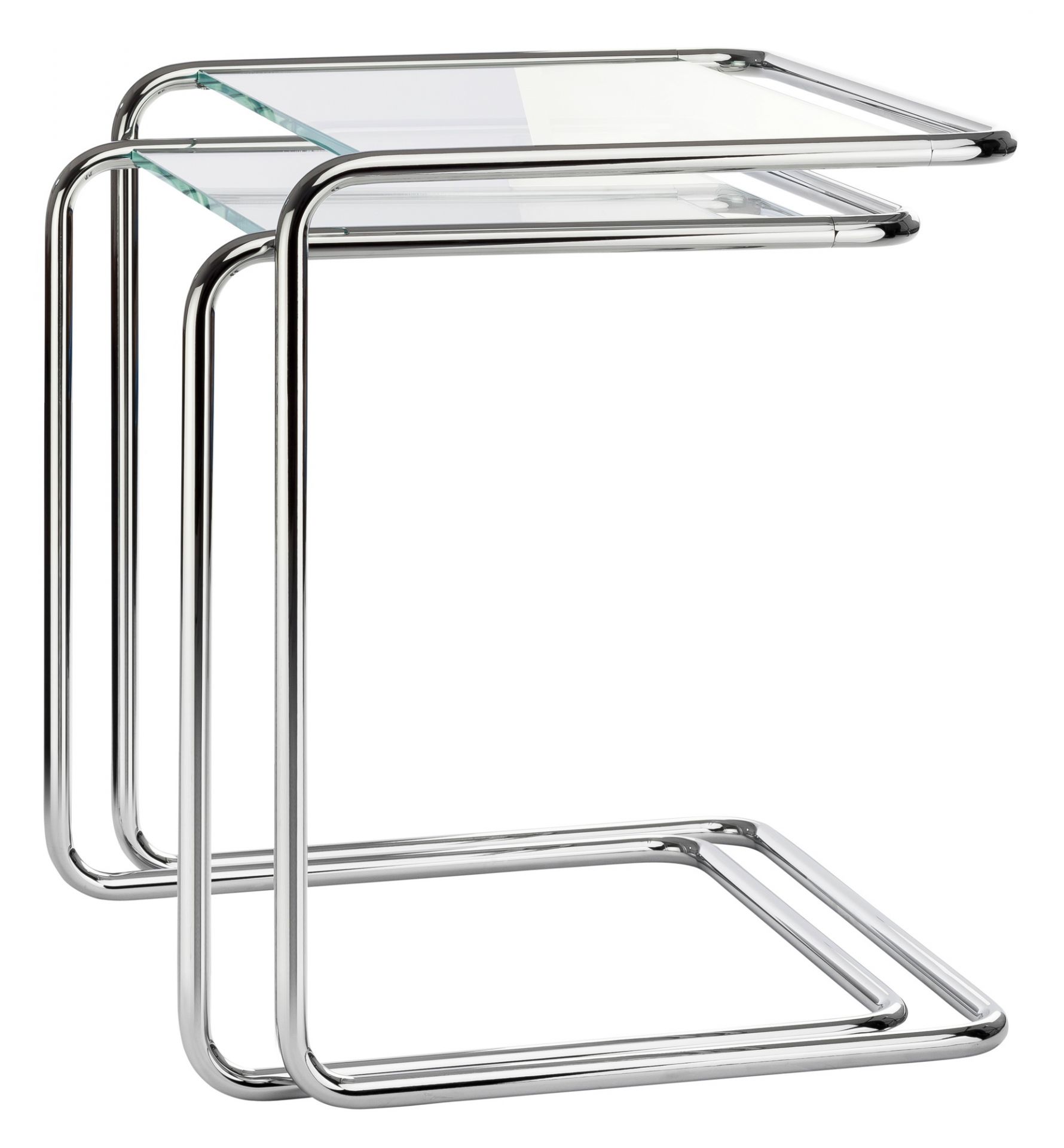 B97 Thonet Beistelltisch Set mit Glasplatte und verchromtem Stahlrohr Gestell.