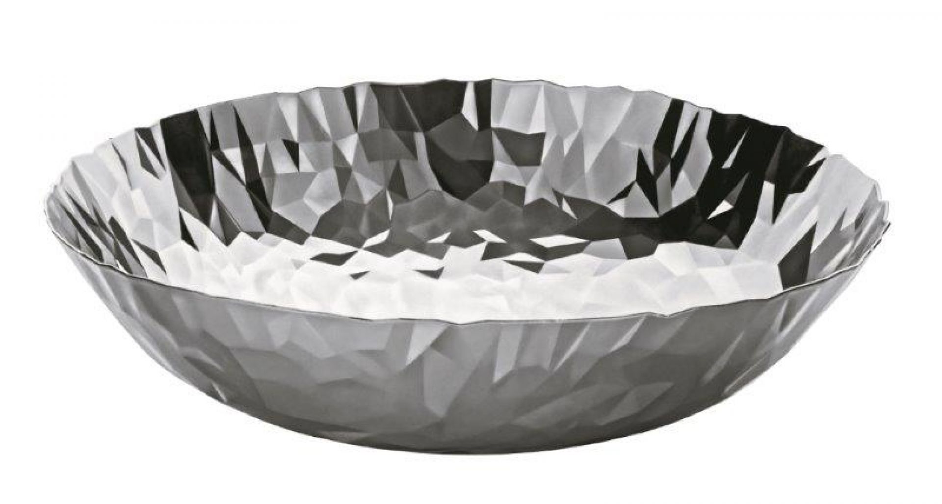 Nahaufnahme der Alessi Joy n.1 Schale, ein silberner Tafelaufsatz mit geometrischem Design.