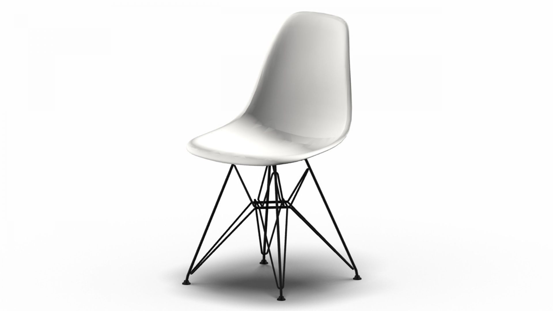 Eames Plastic Side Chair DSR: Weißer Designstuhl mit schwarzem Eiffelturm-Untergestell von Vitra.
