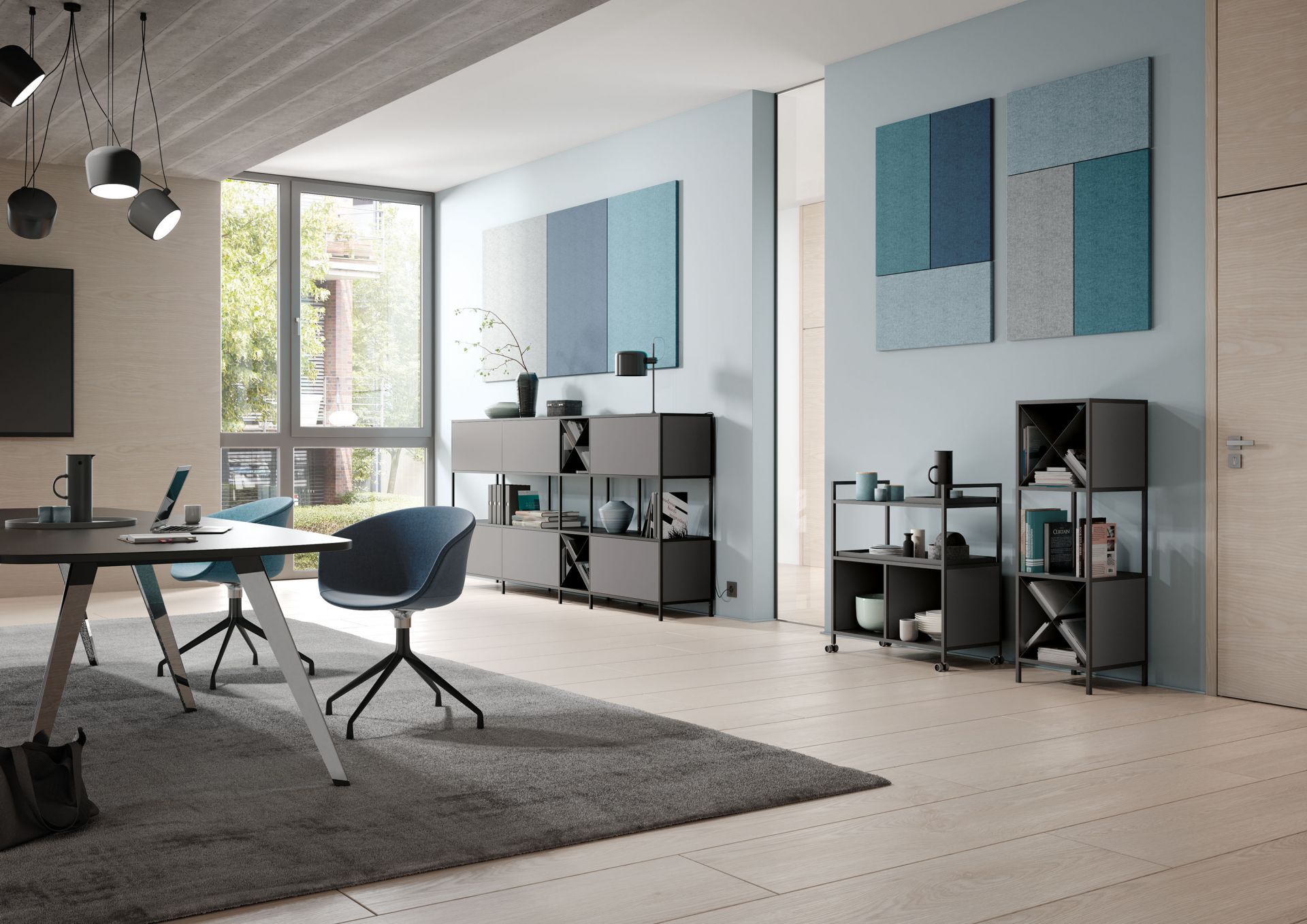 Modernes Büro mit Palmberg P4 Regal, 4 Fächer, zur Aufbewahrung und Dekoration.