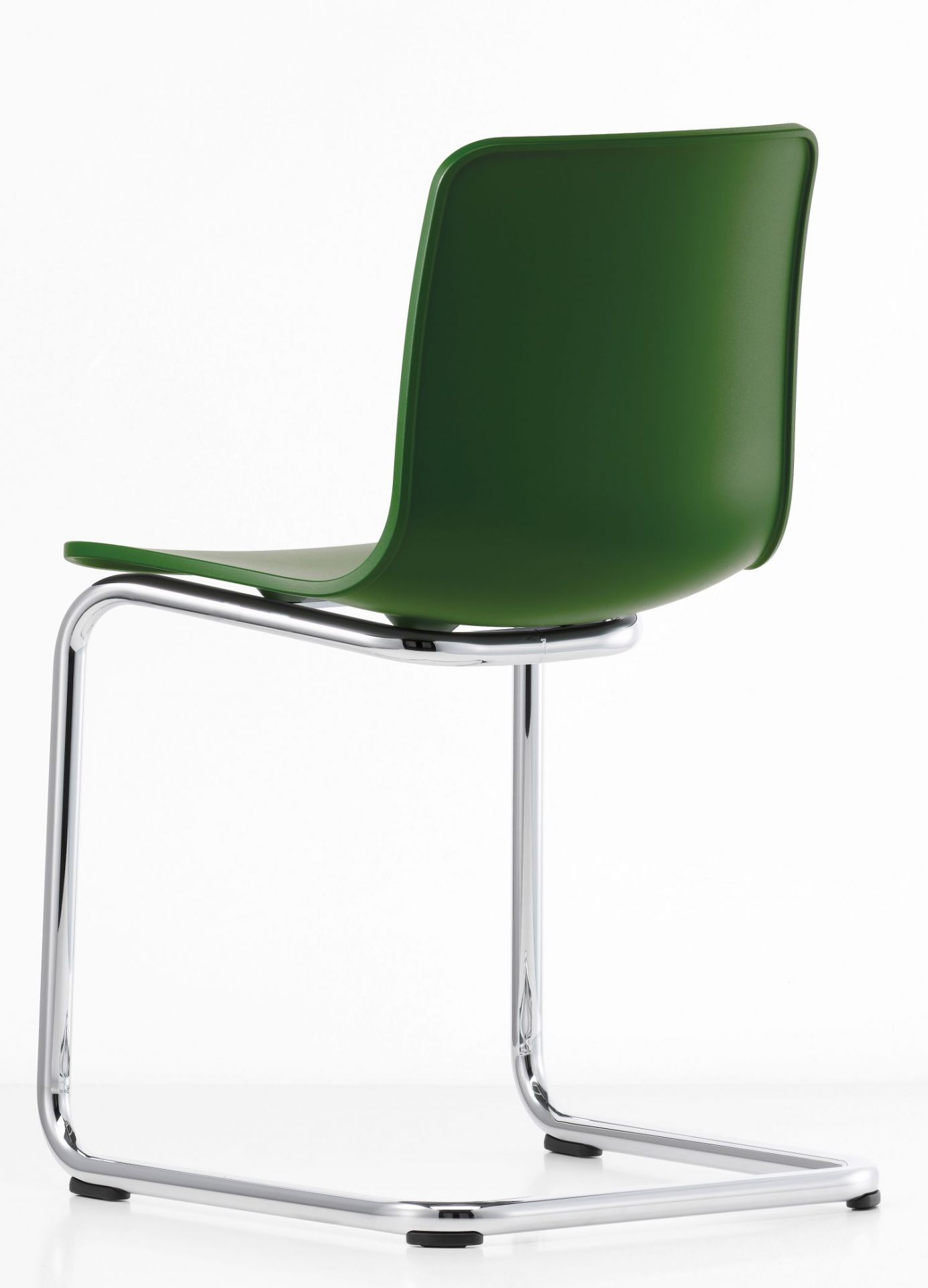 Grüner Hal Freischwinger von Vitra mit verchromtem Gestell, Ansicht von hinten. Designstuhl für Büro und Wohnen.