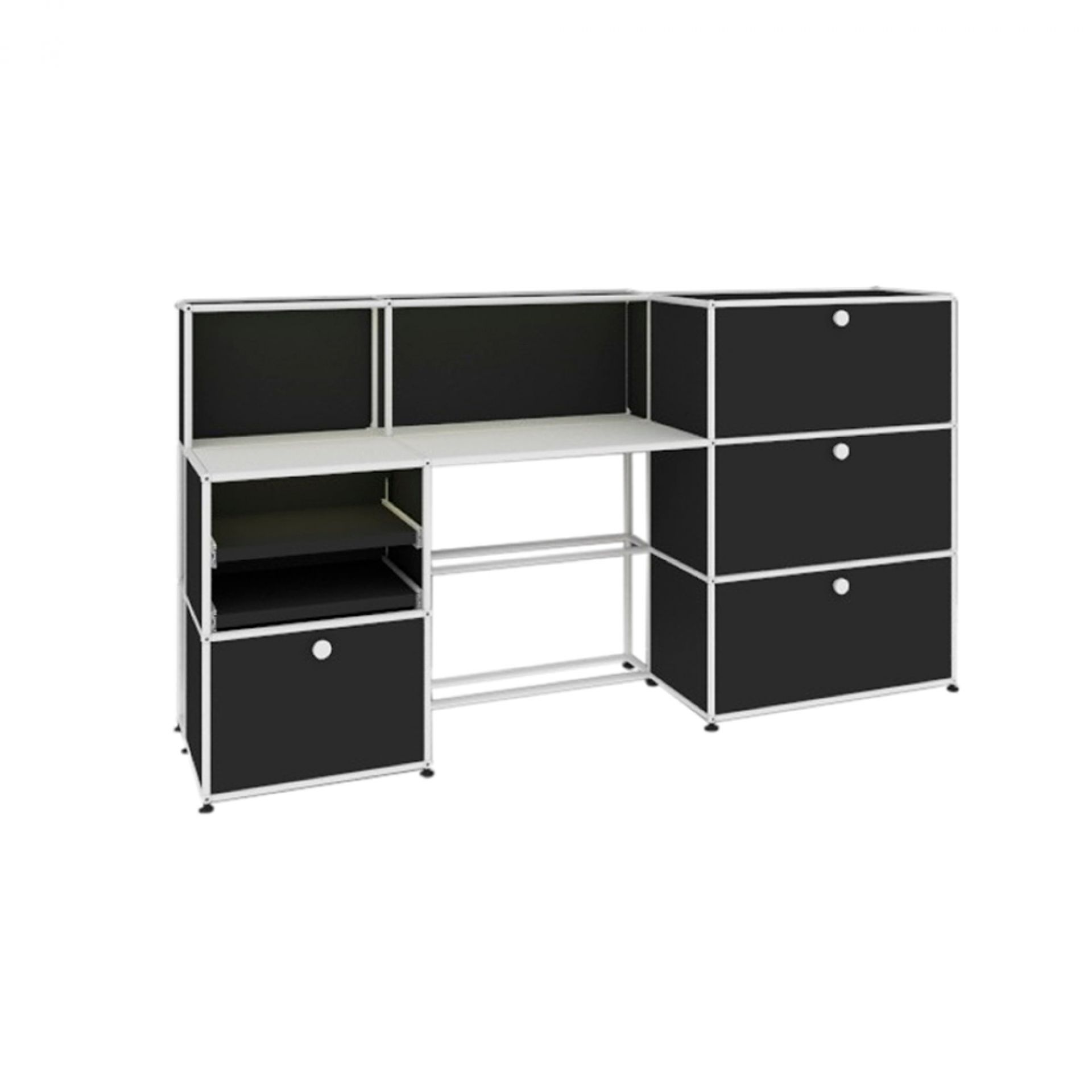 Schwarzer USM Haller Schreibtisch mit Regalen und Schubladen für einen modernen Arbeitsplatz.