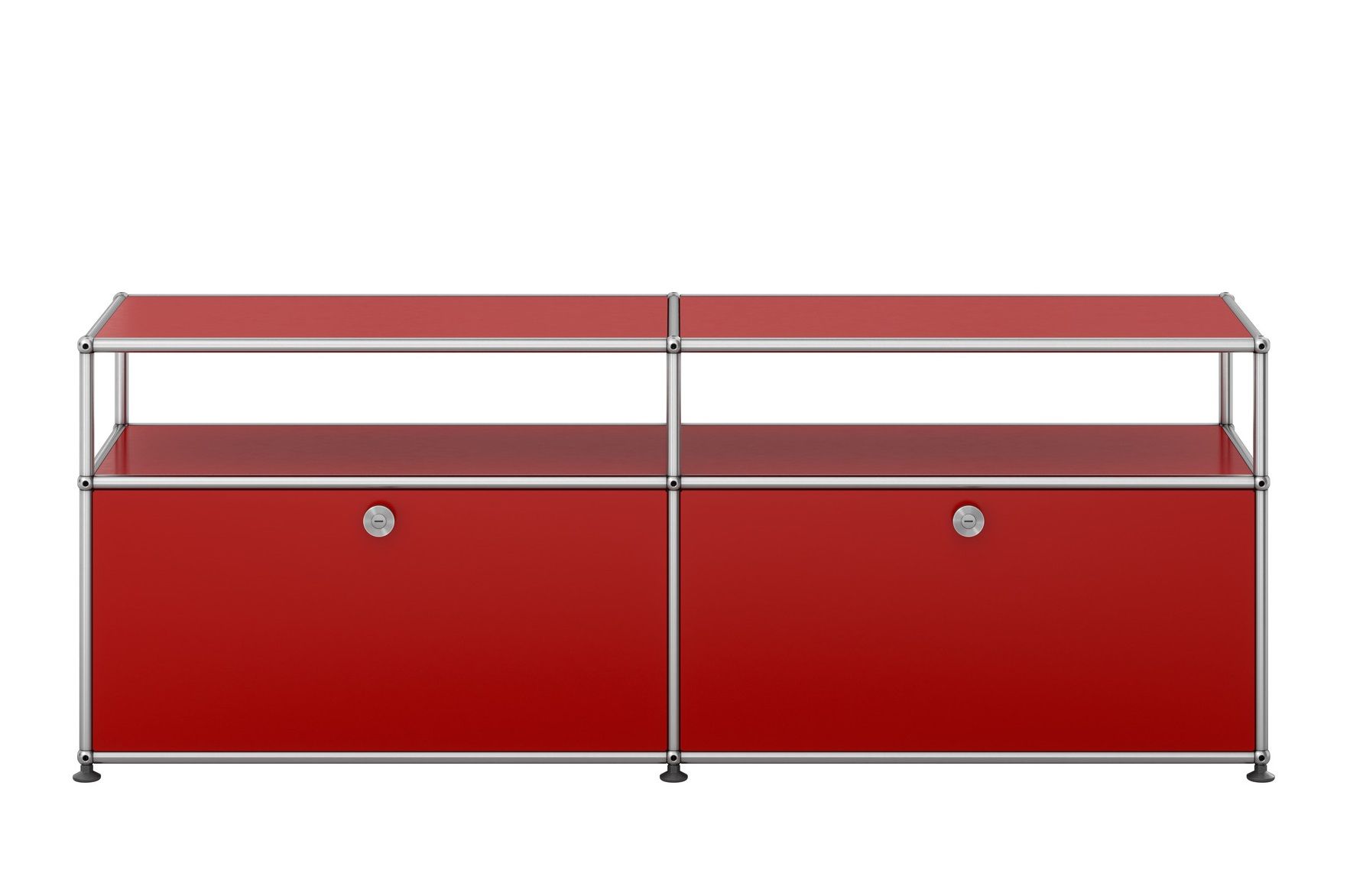 Rotes USM Haller Sideboard mit zwei Schubladen und offenem Fach für TV- und Hi-Fi-Geräte.