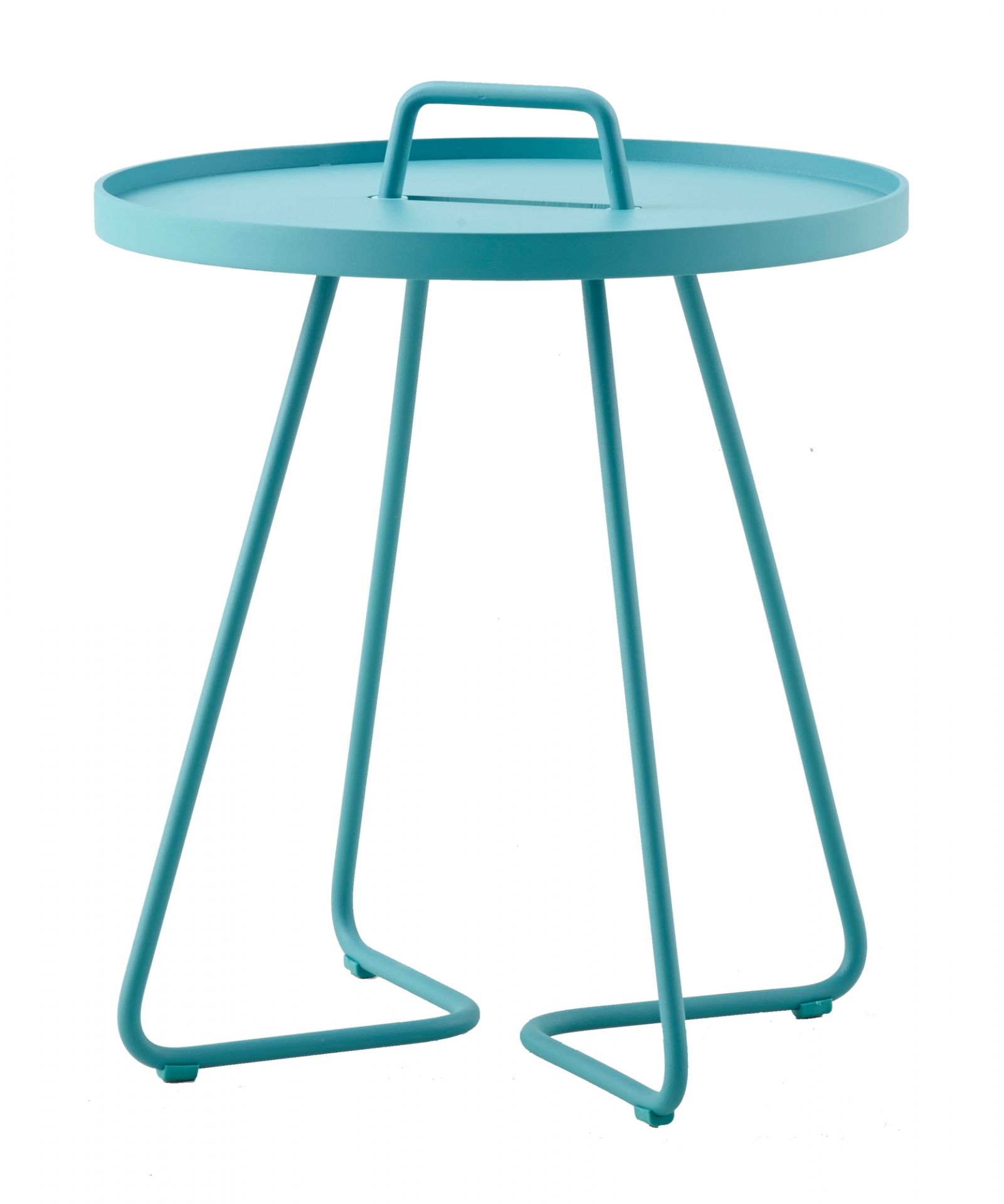 Cane-Line On-The-Move Beistelltisch in Mitternachtsblau: Kleiner, runder Outdoor-Tisch mit Griff und Stahlgestell.