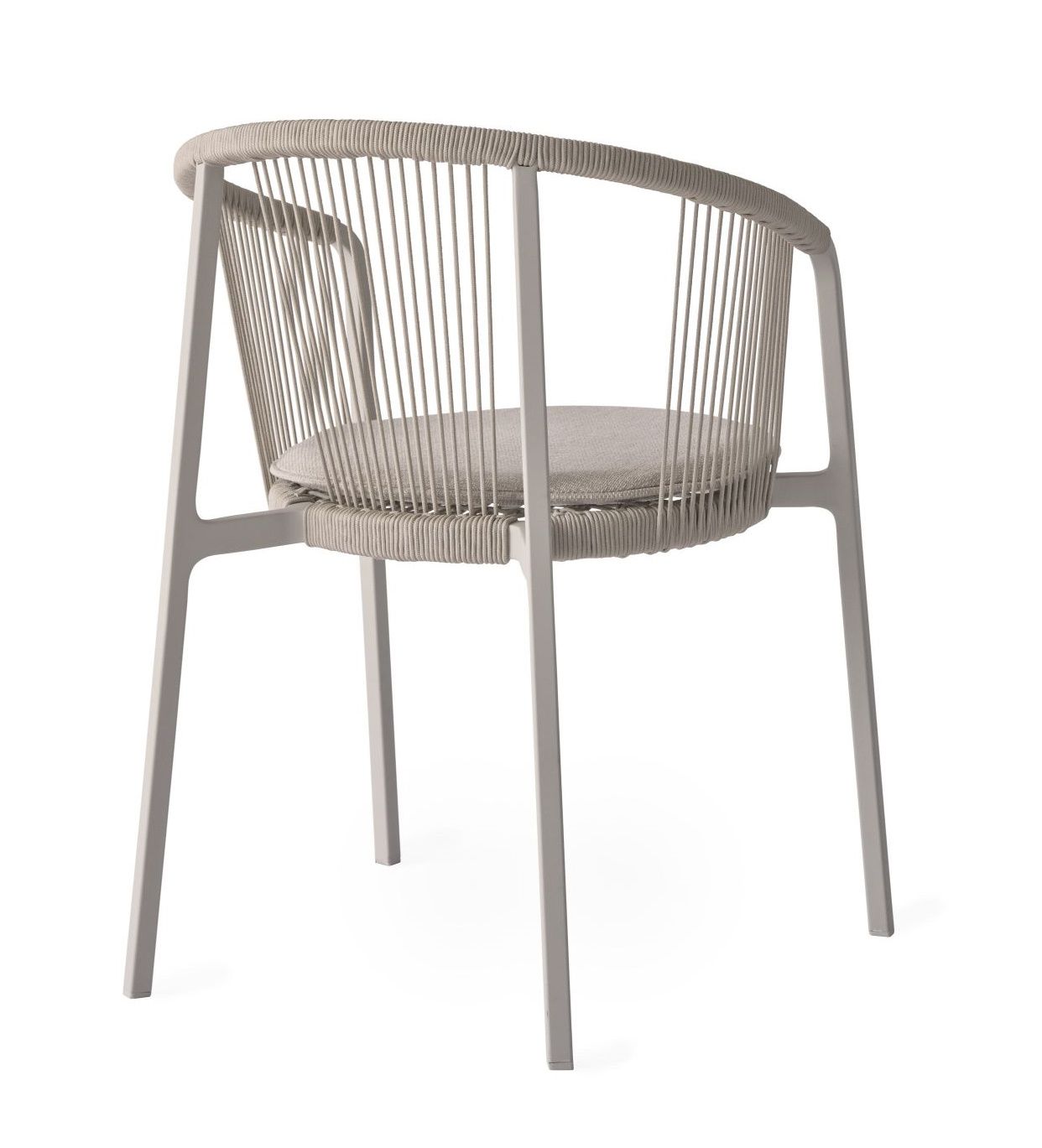 Lagrasse Stuhl von Vipp: Moderner Outdoor-Stuhl mit grauem Rahmen und geflochtener Sitzfläche.