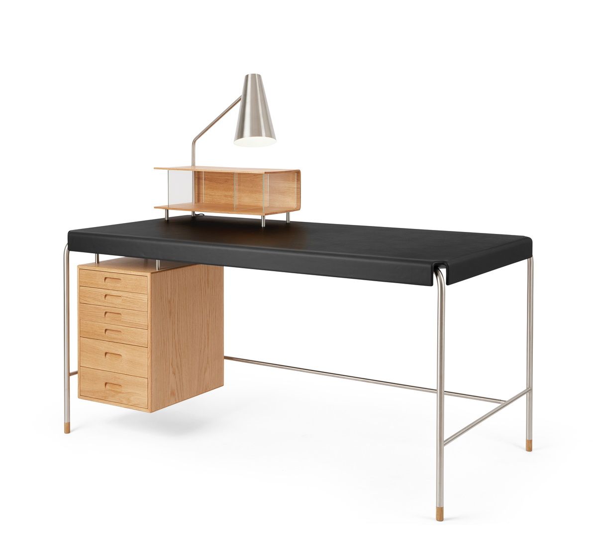 AJ52 Society Table Arbeitstisch aus Eiche geölt mit schwarzer Tischplatte und Lampenmodul.