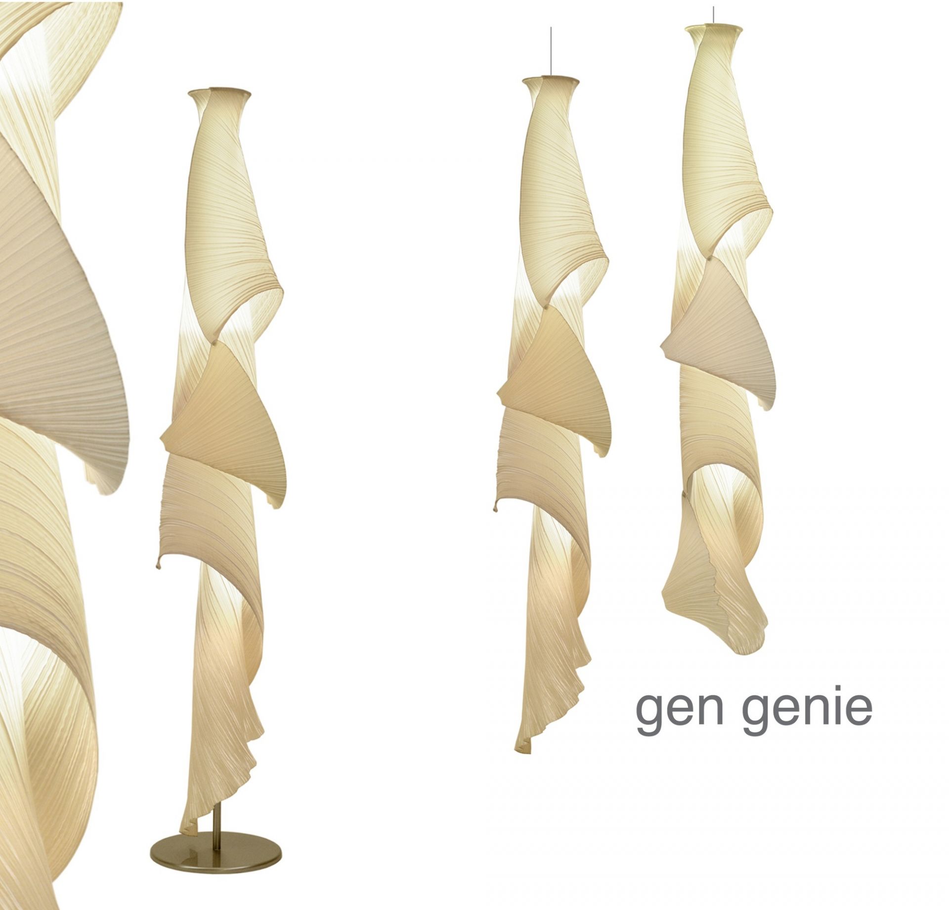 Gen Genie Stehleuchte: Elegante, beige Designerlampe mit plissiertem Stoff und warmem Licht.