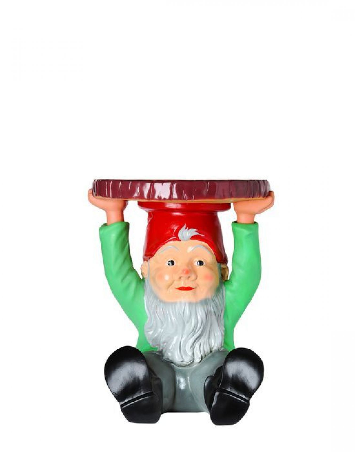Dekorativer Gnom Attila, ein kleiner Beistelltisch in Form eines Zwerges mit roter Mütze.