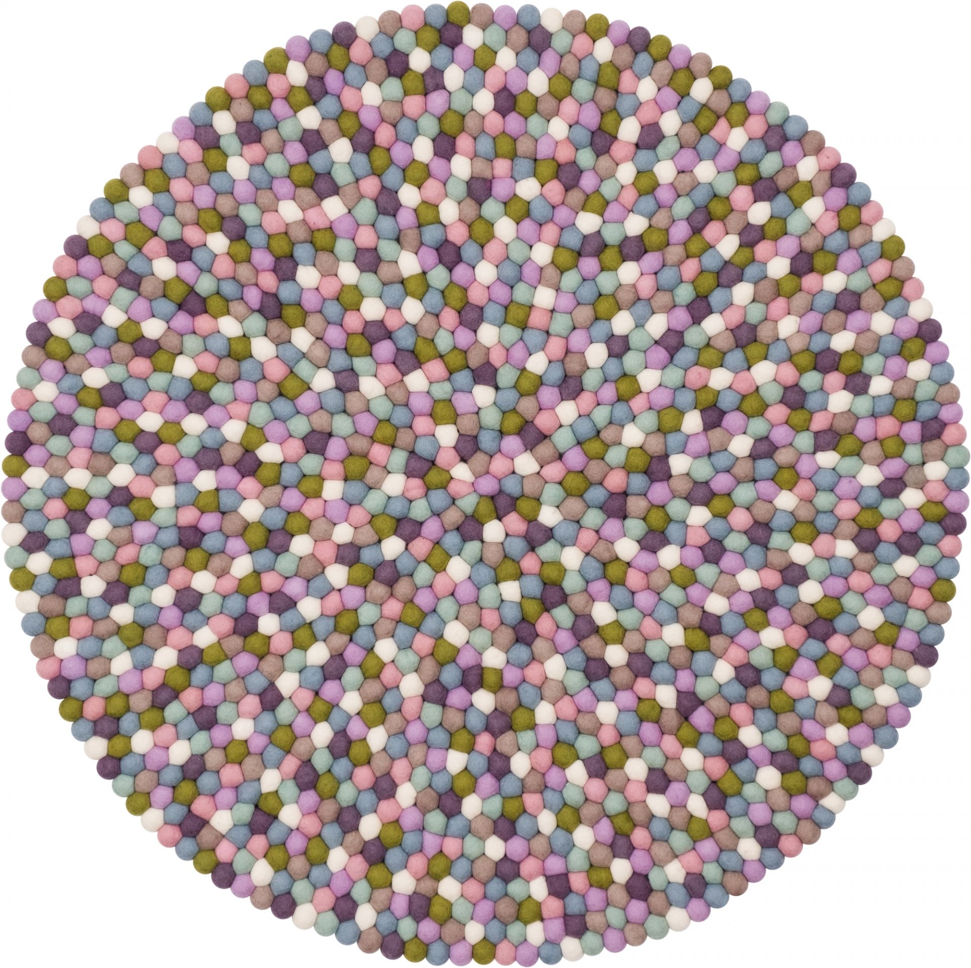 Runder Filzkugel Teppich Myfelt Greta 120 cm, bunte Wollfilz Kugeln in Pastellfarben.