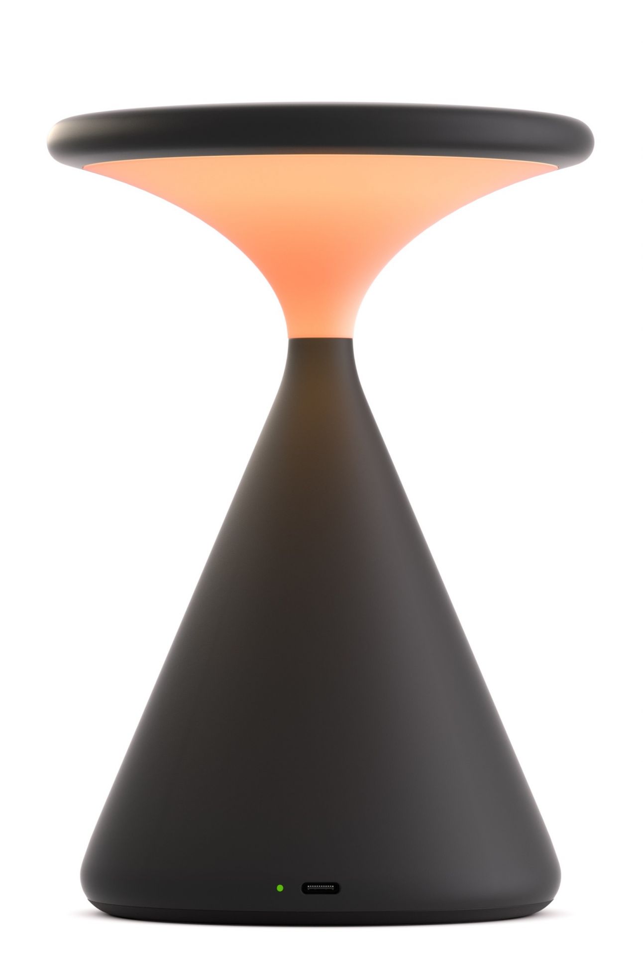 Graue Salt Akkuleuchte als Tischleuchte mit warmem Licht und kegelförmigem Fuß.