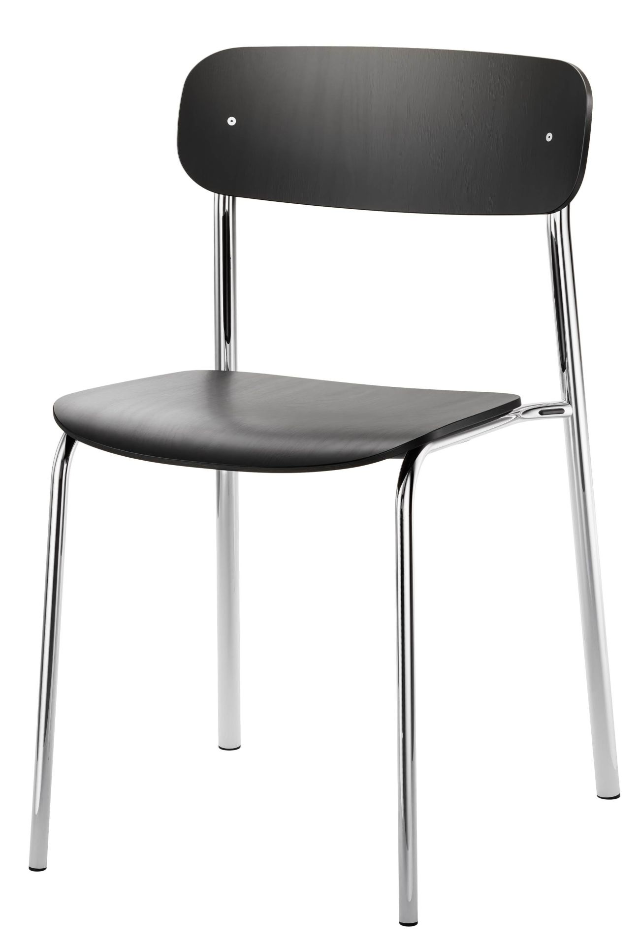 S 243 Stahlrohrstuhl von Thonet: Schwarzer Holzstuhl mit glänzenden Chrom-Stahlrohrbeinen, klassisches Design für Esszimmer und Büro.