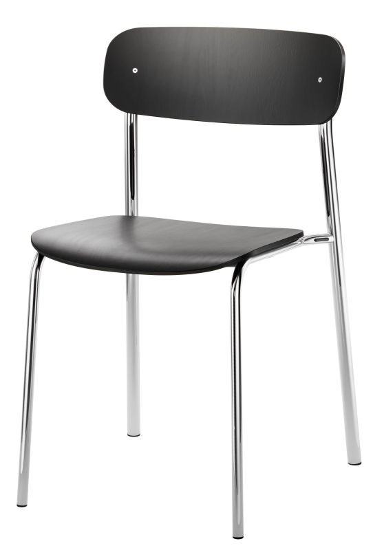 S 243 Stahlrohrstuhl von Thonet: Schwarzer Holzstuhl mit glänzenden Chrom-Stahlrohrbeinen, klassisches Design für Esszimmer und Büro.