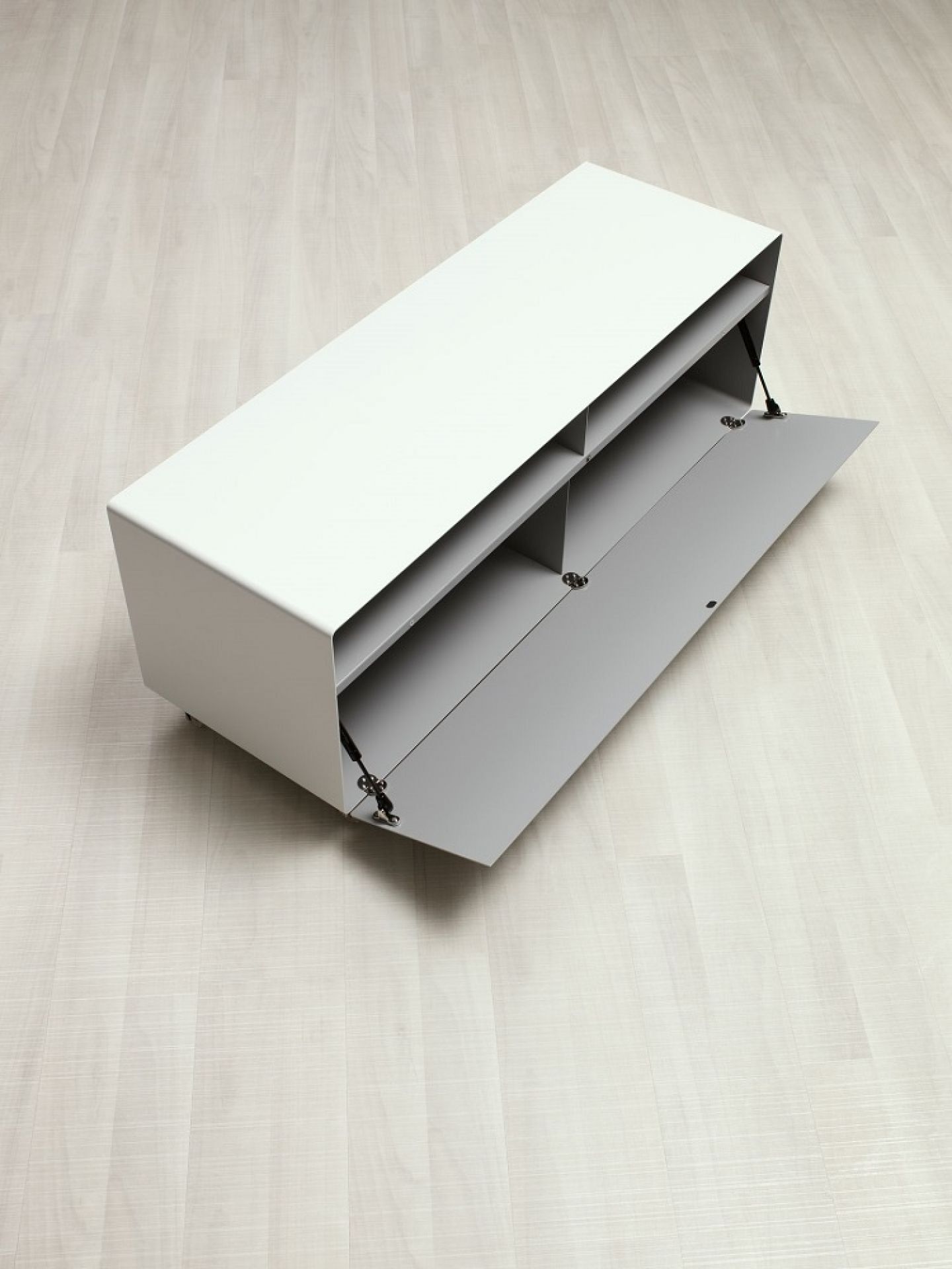 Weißes R109N Sideboard von Müller Möbelfabrikation mit offener Klappe und Innenfächern, modernes Möbeldesign.