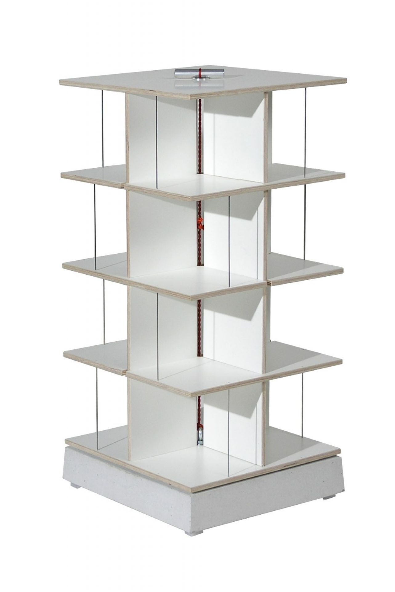 Weißes Moormann Musikstapler CD-Regal aus Holz mit vier Ebenen und Stahlseilen.