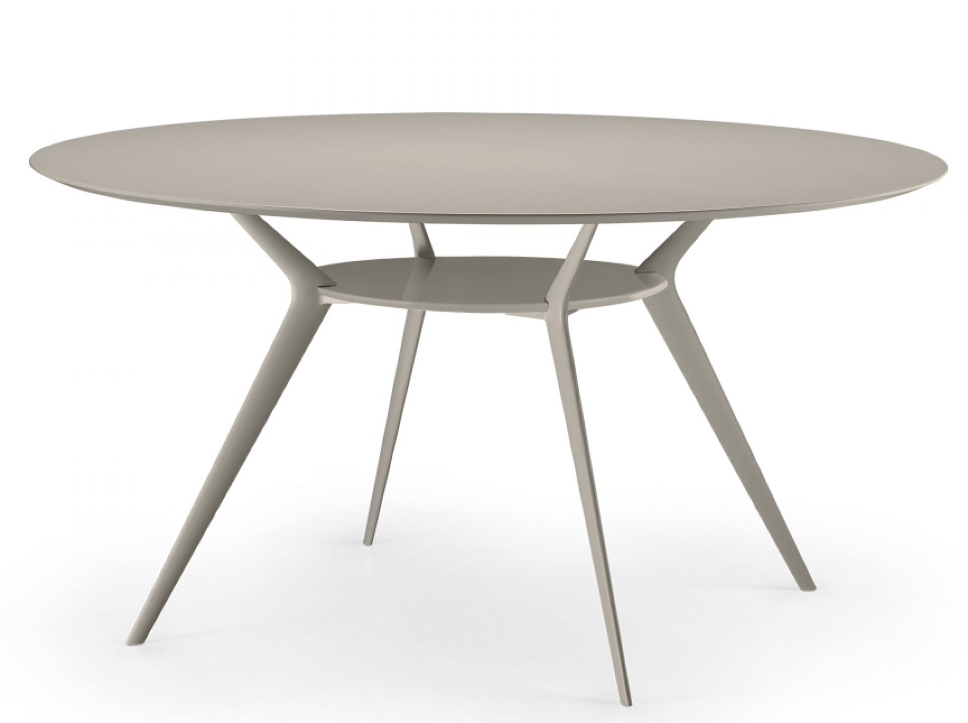 Runder, beiger Tisch "Biplane" mit drei Beinen und einer Ablagefläche in der Mitte.