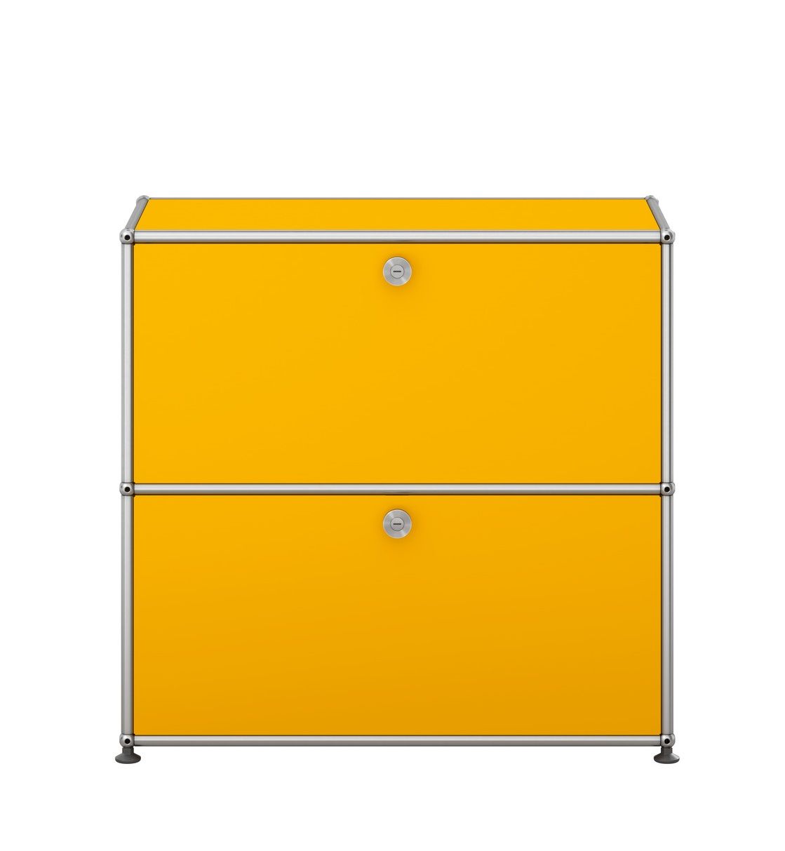 USM Haller Sideboard klein in Goldgelb mit zwei abschließbaren Fächern und Chromgestell.