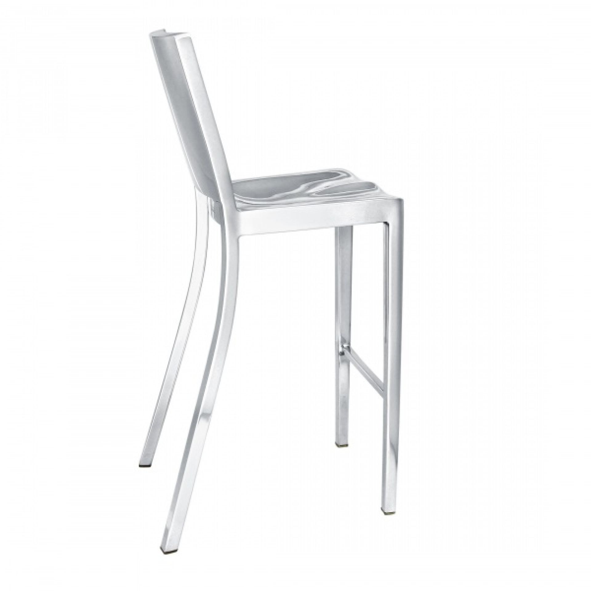 Silberner Hudson Barhocker von Emeco, Seitenansicht. Moderner Barstuhl aus Aluminium für Küche und Bar.