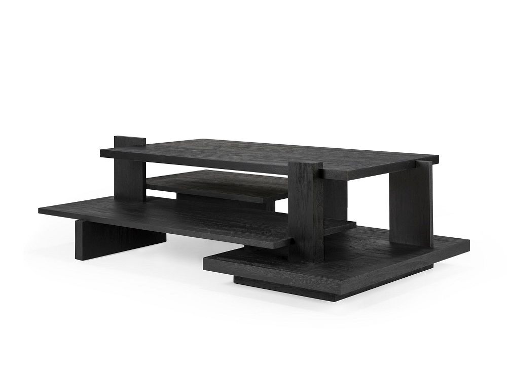 Ethnicraft Teak Abstract Couchtisch in Schwarz, moderner Wohnzimmertisch mit mehreren Ebenen und einzigartigem Design.
