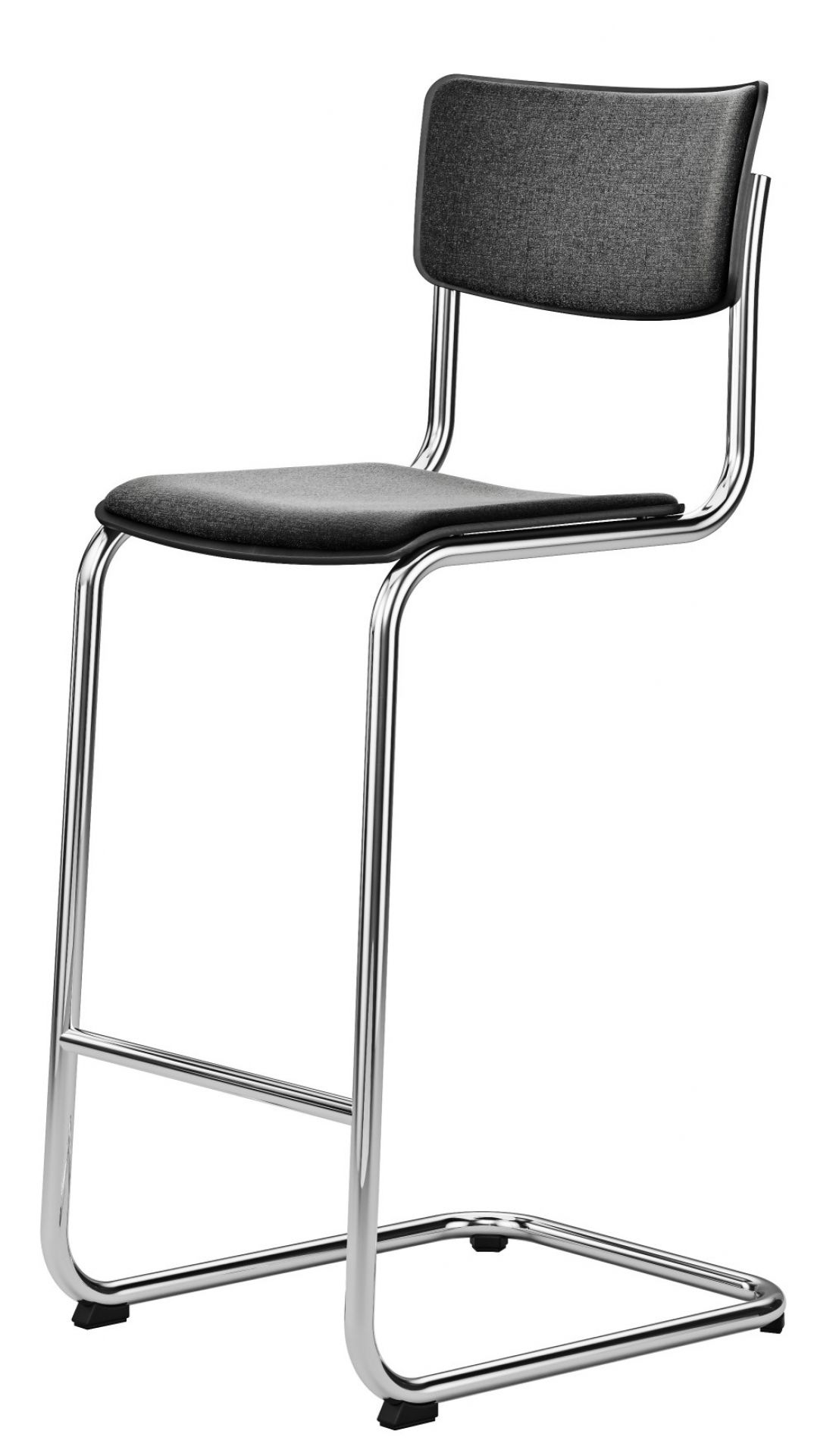 S 43 PVH Thonet Barhocker aus Stahlrohr, Klassiker mit grauem Sitz und Rückenlehne.