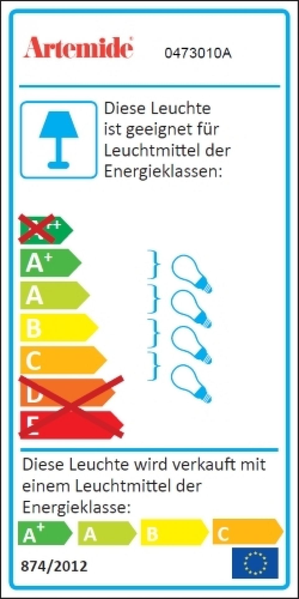 Energieeffizienzlabel der Artemide Metacolor Stehleuchte, geeignet für Leuchtmittel der Energieklassen A+ bis C.