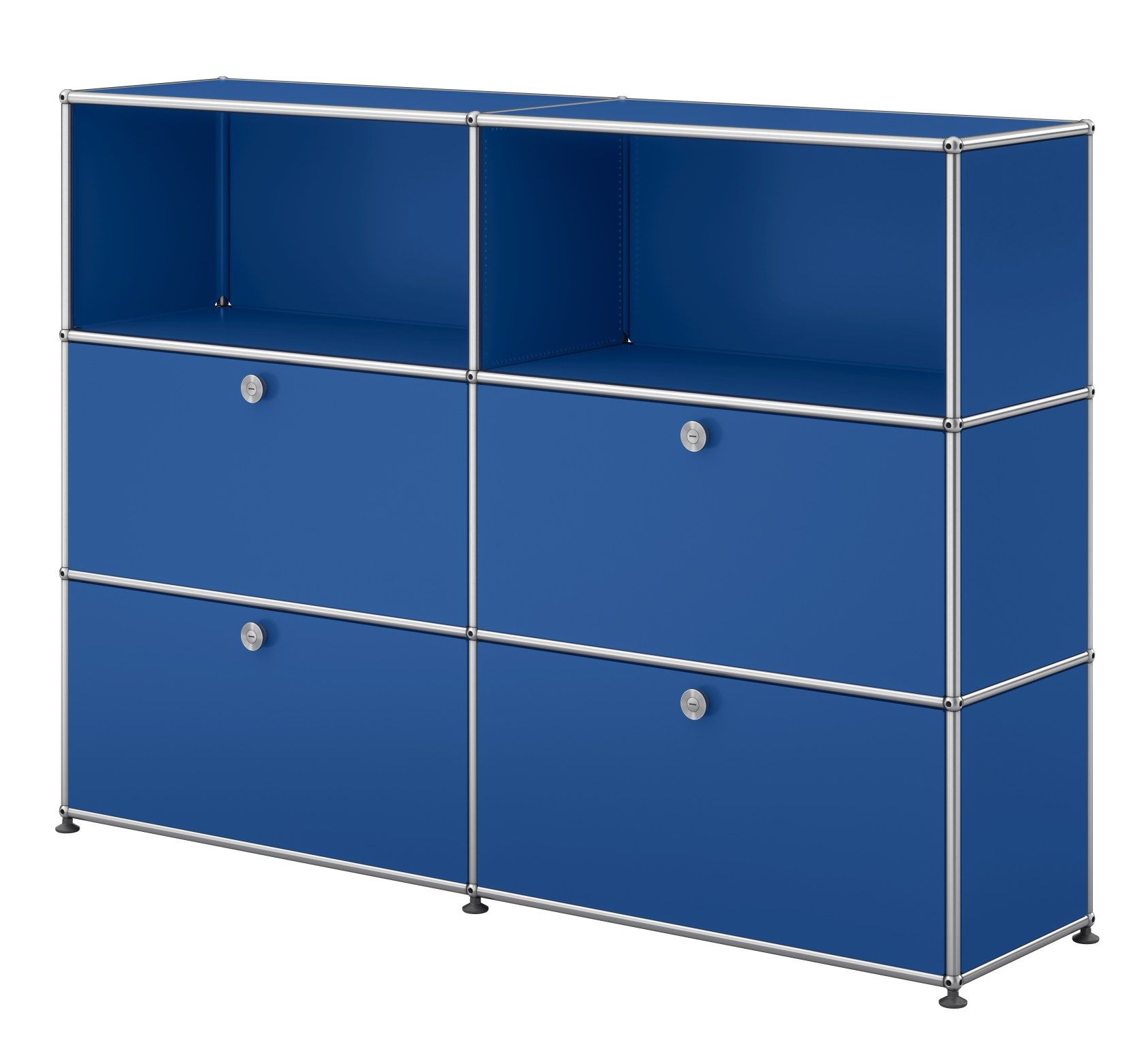 USM Haller Sideboard in Enzianblau mit vier Klappen und verchromtem Gestell für stilvolle Wohnraumgestaltung.