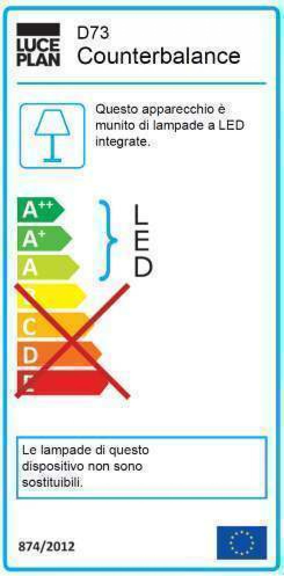 Energielabel der D73 Counterbalance Stehleuchte von Luceplan mit LED-Leuchtmittel und Energieeffizienzklasse A.