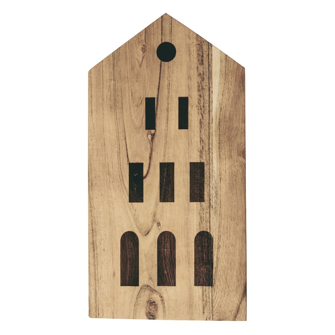 Stadthaus Schneidebrett aus Holz mit Haus-Form und dunklen Fenster-Ausschnitten.