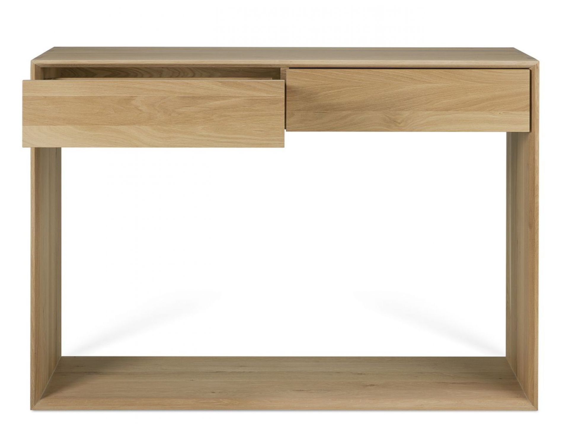Ethnicraft Nordic Konsole aus Eiche mit zwei Schubladen, eine davon geöffnet, für Flur oder Wohnzimmer.