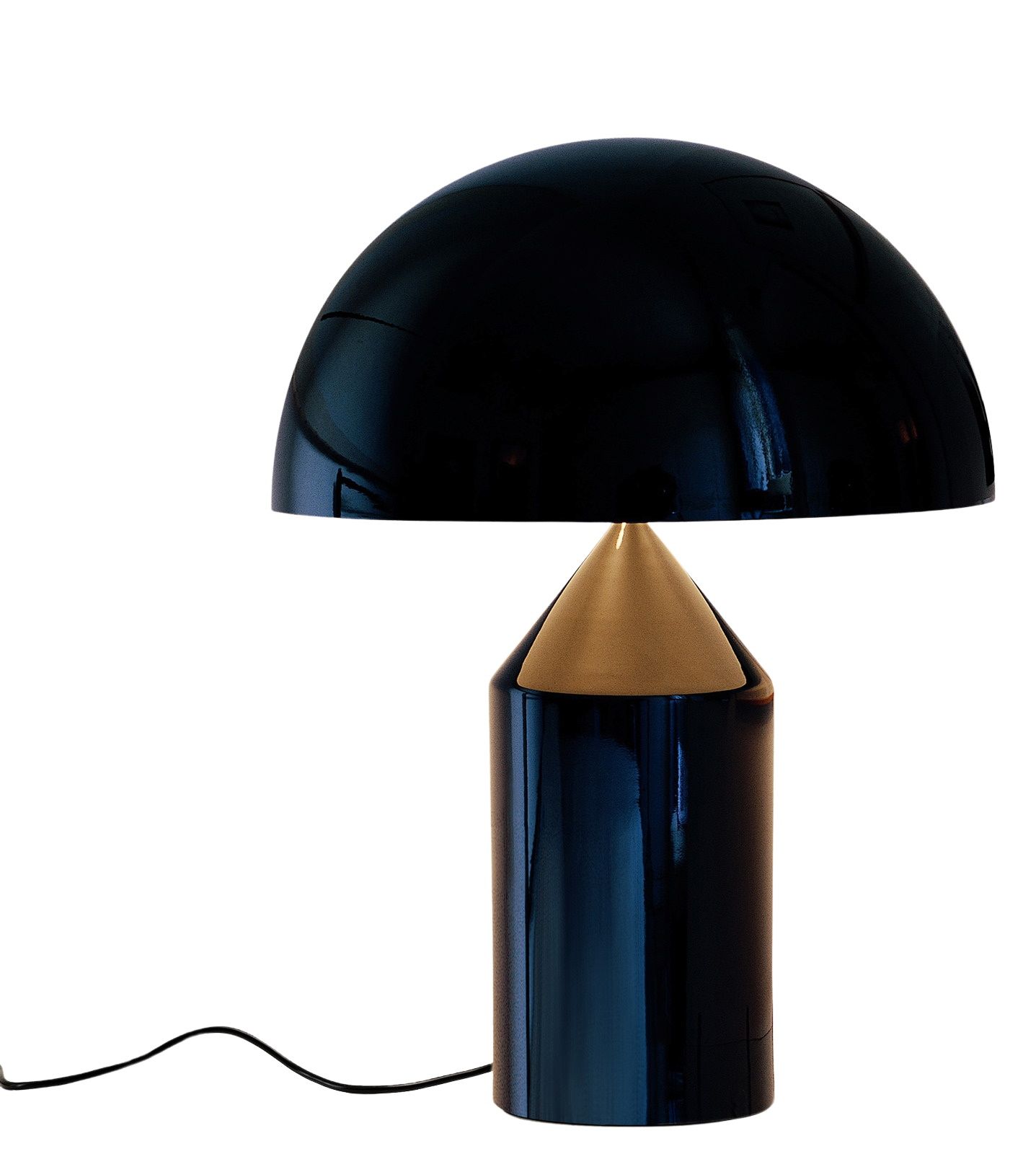 Atollo Tischleuchte von Oluce in Schwarz, modernes Design mit halbkugelförmigem Lampenschirm für Wohnzimmer und Schlafzimmer.