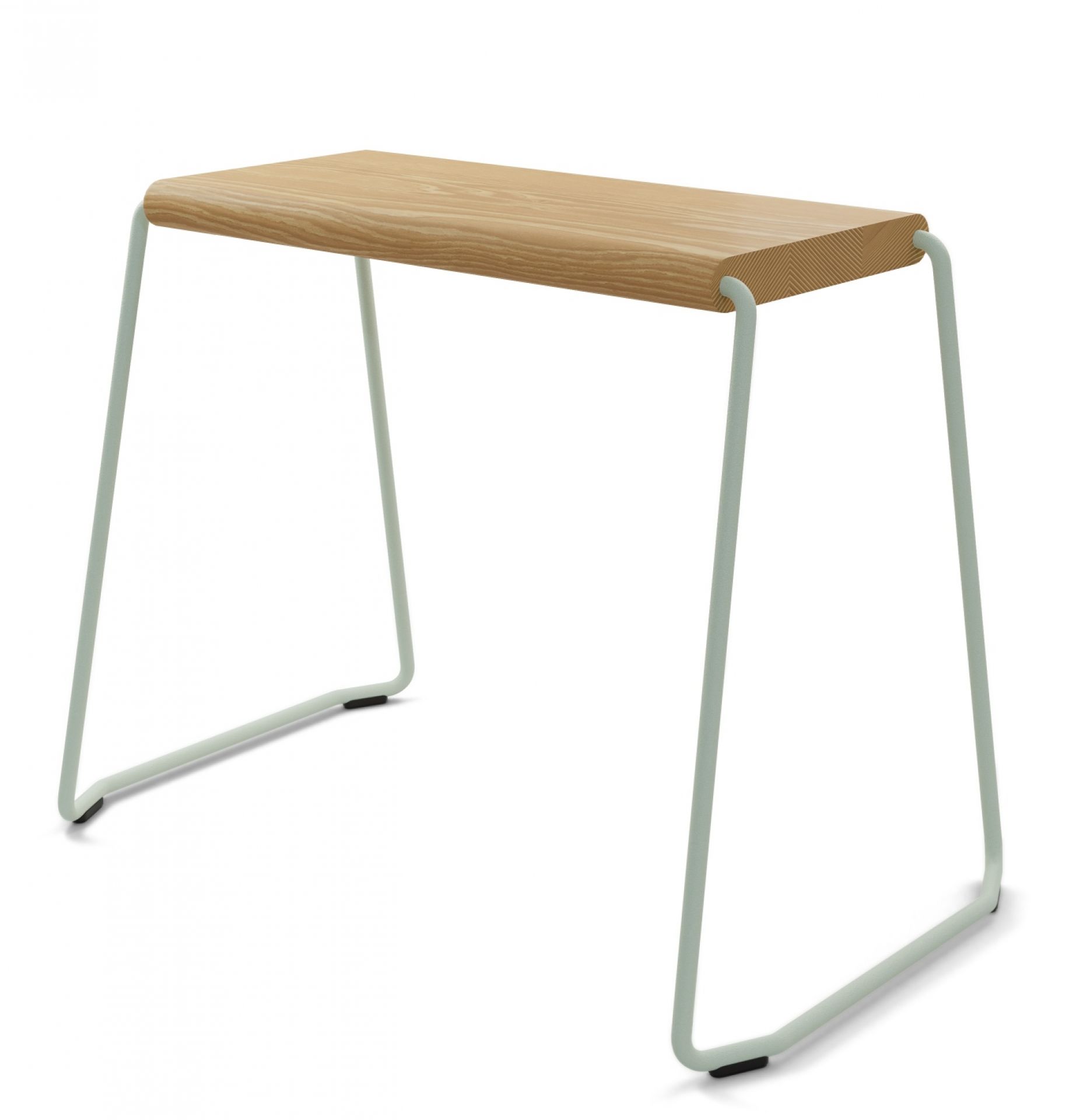 D:003 Beistellhocker Fuchs & Habicht: Moderner Hocker mit Holzplatte und mintgrünem Metallgestell.