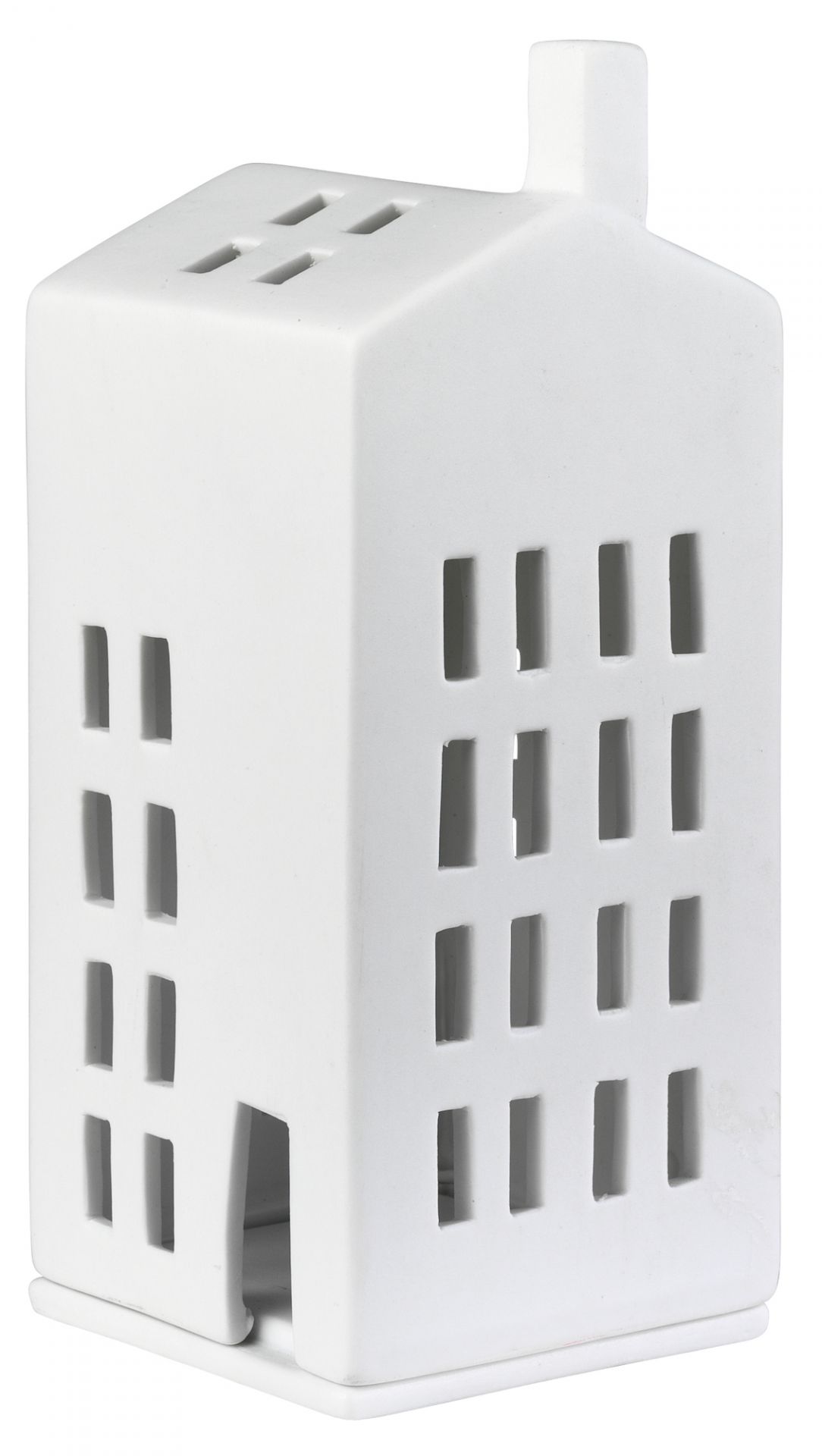 Weißes Zuhause Lichthaus mit kleinen Fensteröffnungen, ein dekoratives Wohnaccessoire für stimmungsvolle Beleuchtung im Innenbereich.